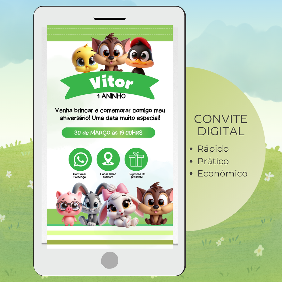Convite Interativo Baby Looney Tunes com personagens bebés, fundo verde e ícones interativos de confirmação, localização