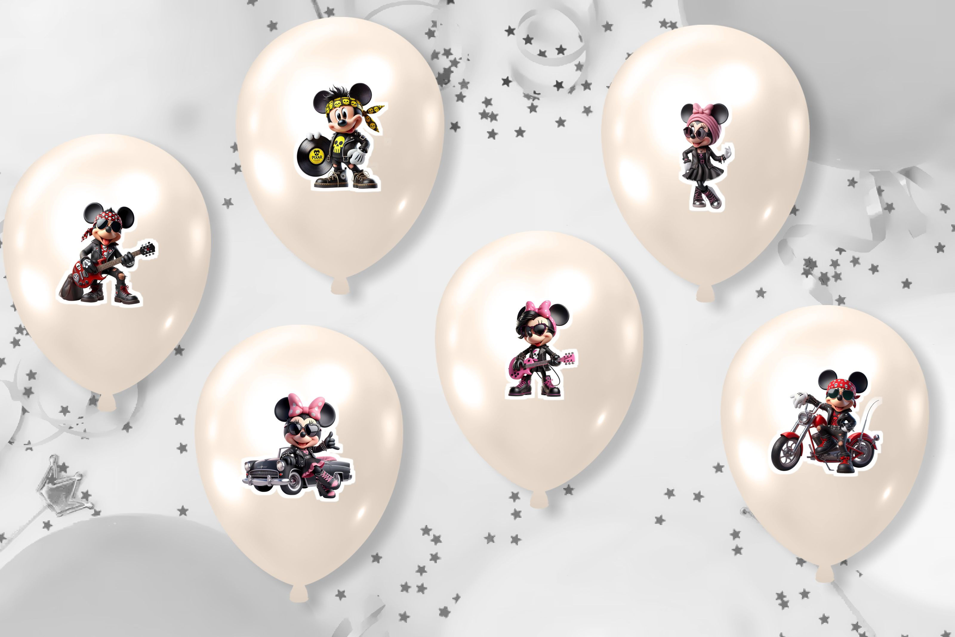 Autocolantes para balões Mickey e Minnie Rock and Roll com guitarras, discos, mota e visuais de rock.