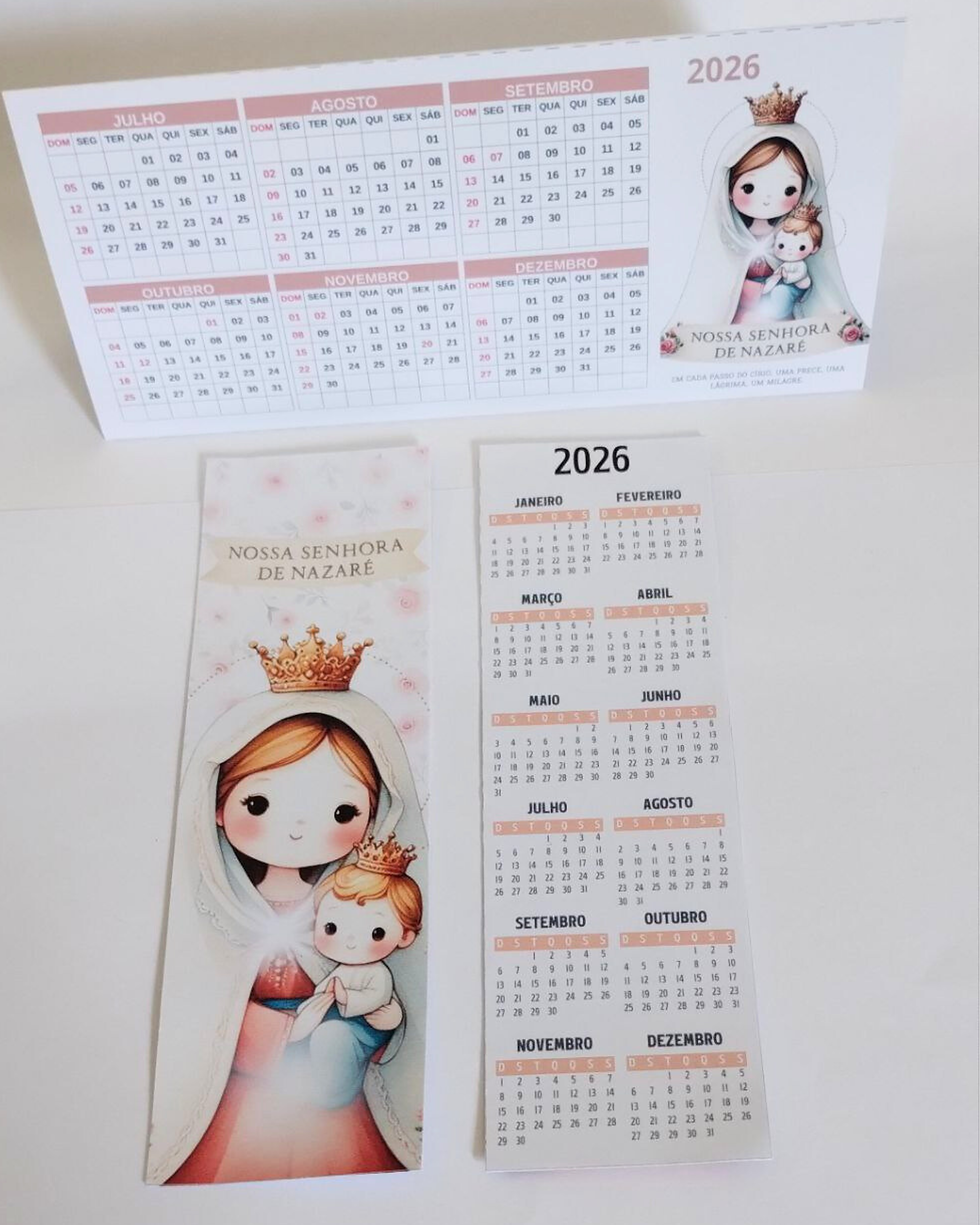 Calendário de mesa Nossa Senhora de Nazaré e marcador de brinde.