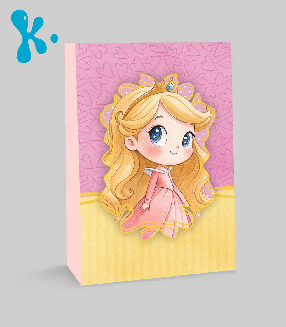 Saco lembrança Bela Adormecida com princesa de vestido rosa e fundo delicado em tons suaves