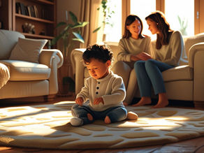 Criança a brincar no chão da sala enquanto ouve discretamente a conversa dos pais, mostrando como aprende com os gestos e palavras do dia a dia.
