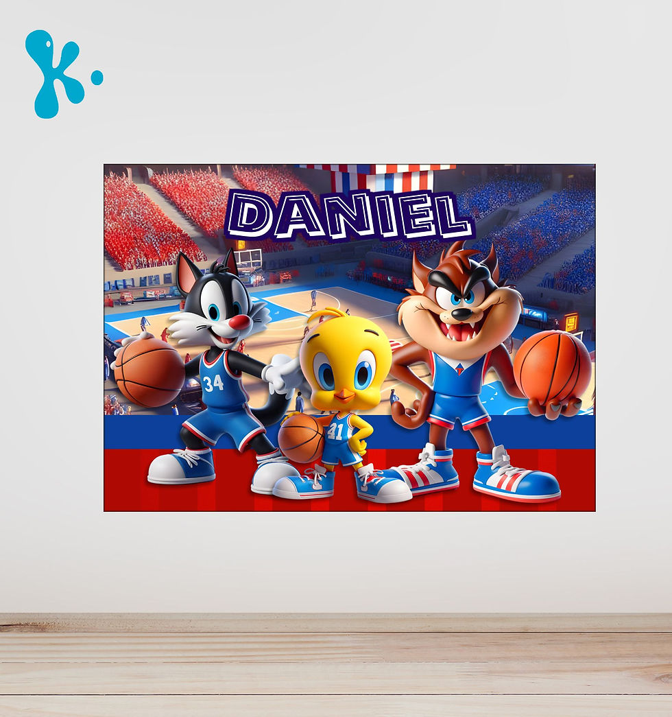 Cartaz retangular Looney Tunes Basquete com Piu-Piu, Frajola e Taz em campo de basquete para festa infantil.