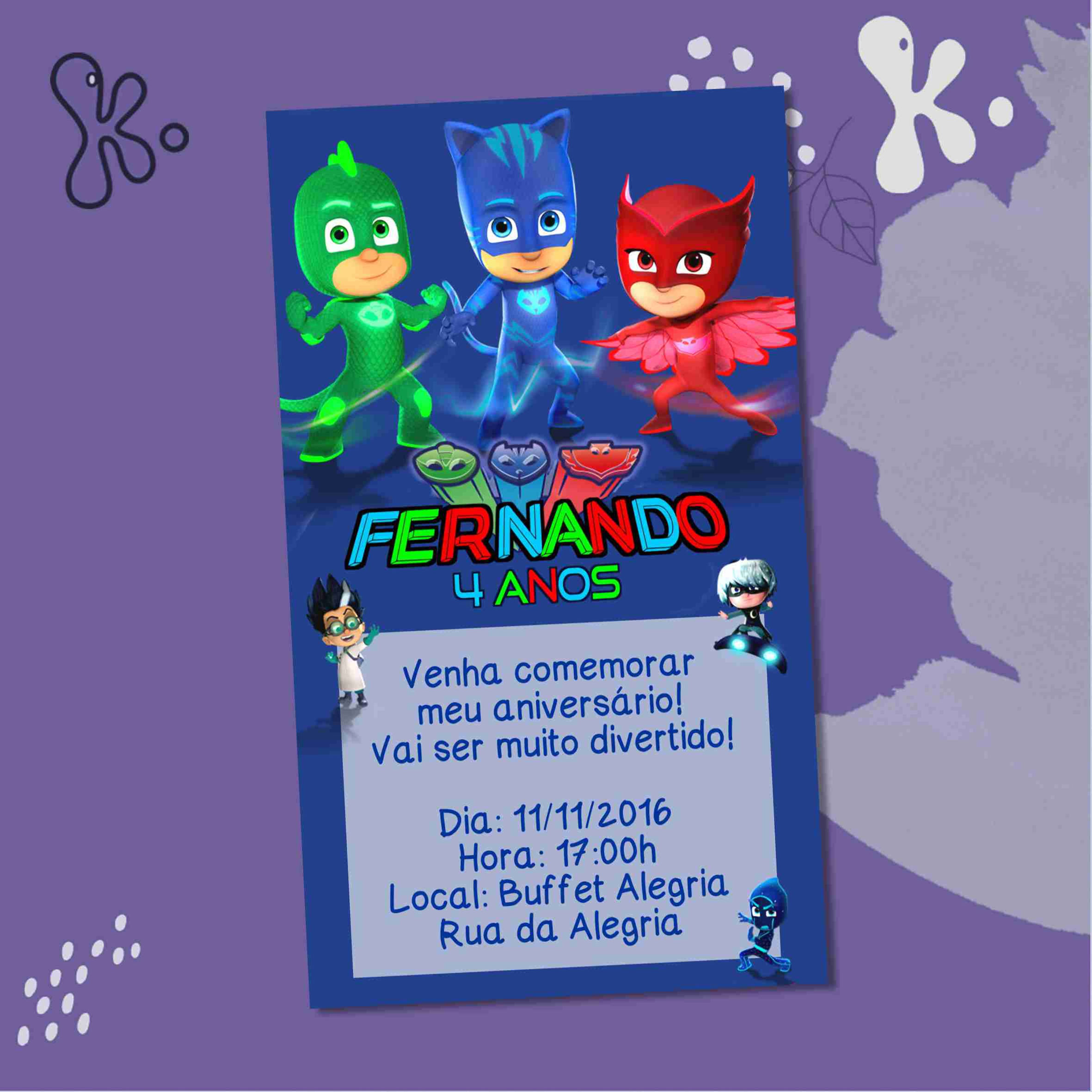 Convite Digital PJ Masks Personalizado para Festa de Aniversário Infantil