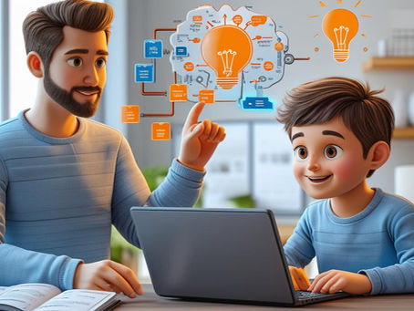 Pai e filho interagem de forma entusiástica com um computador portátil enquanto exploram conceitos de inteligência artificial, com ícones de tecnologia e aprendizagem ao fundo.