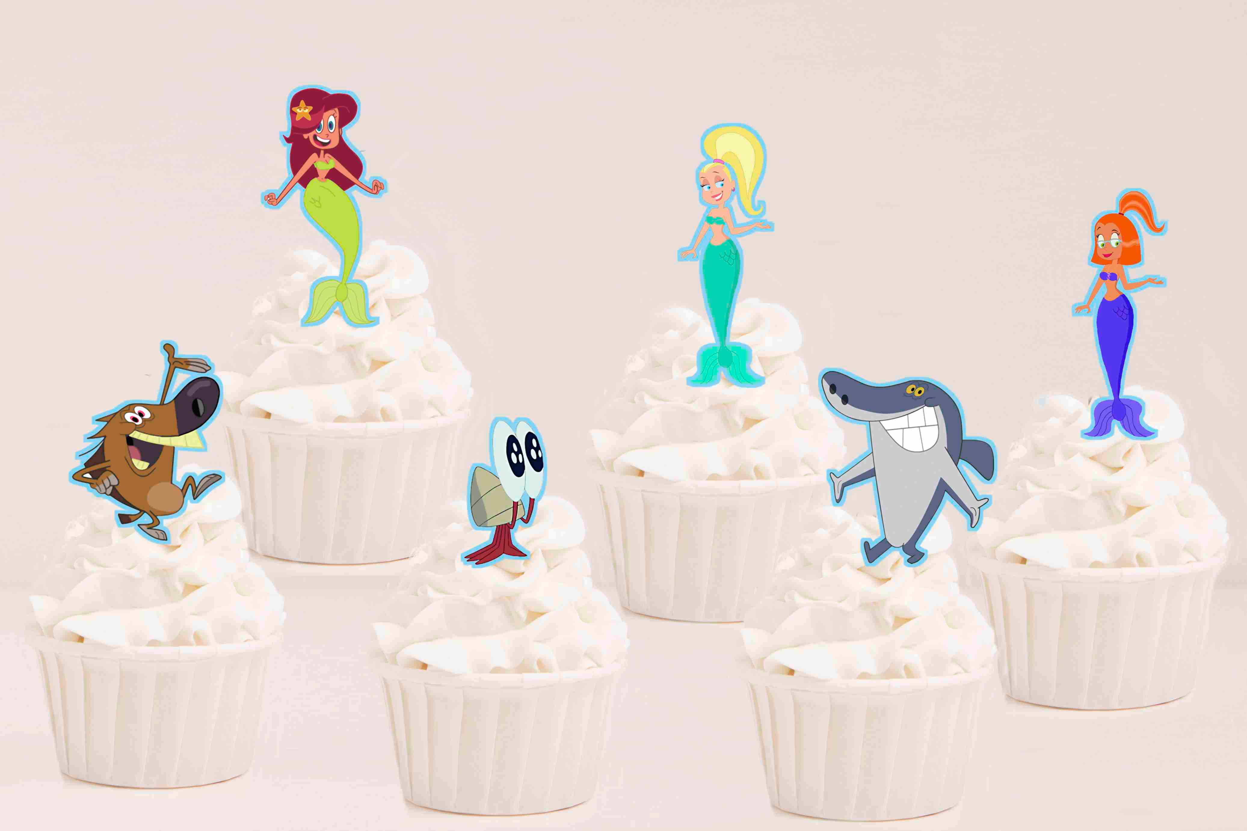 Toppers recortados Zig & Sharko com Marina, Zig e Sharko em cupcakes para festa infantil.