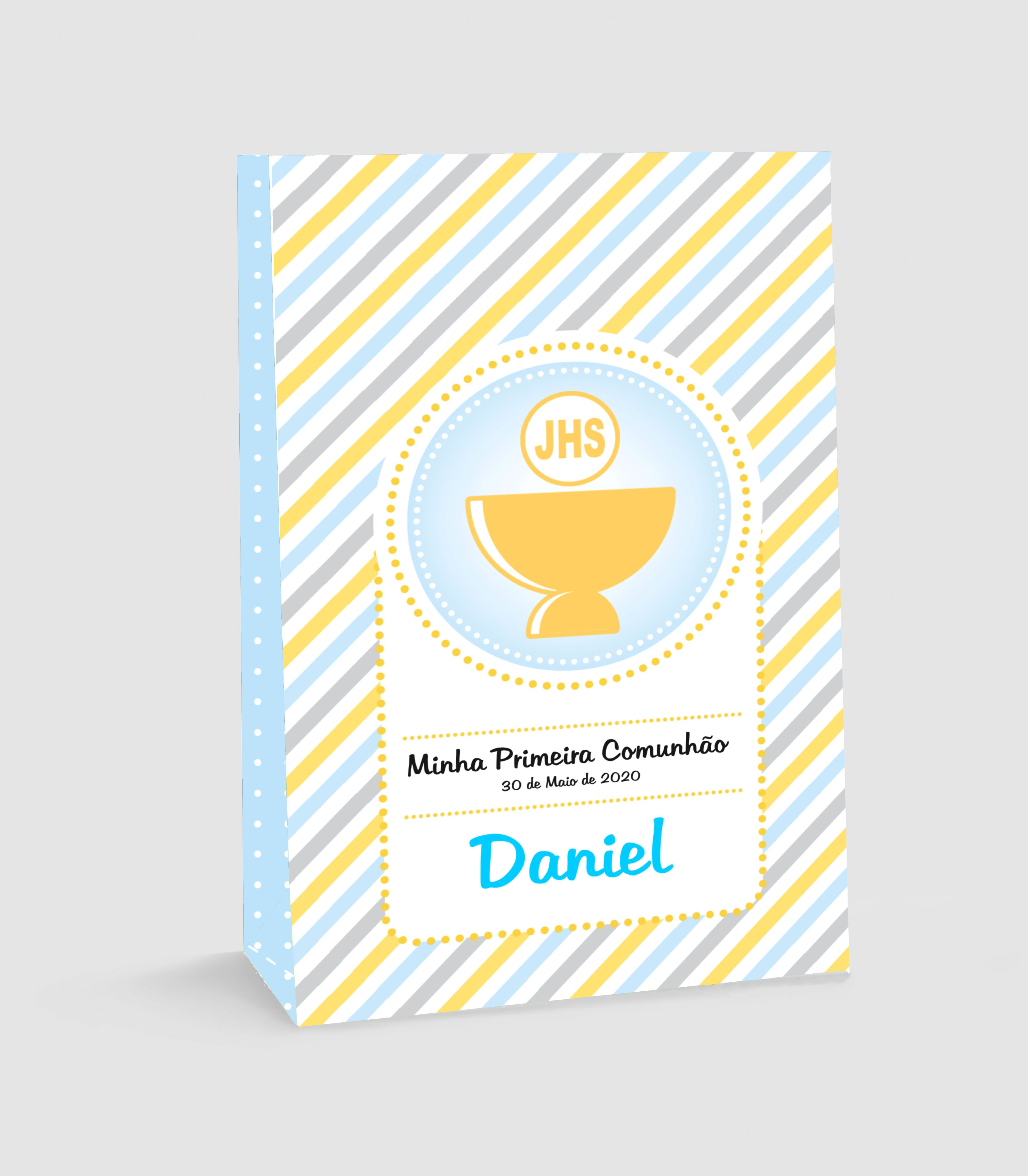 Saco lembrança primeira comunhão personalizado com nome e data em tons azul e dourado