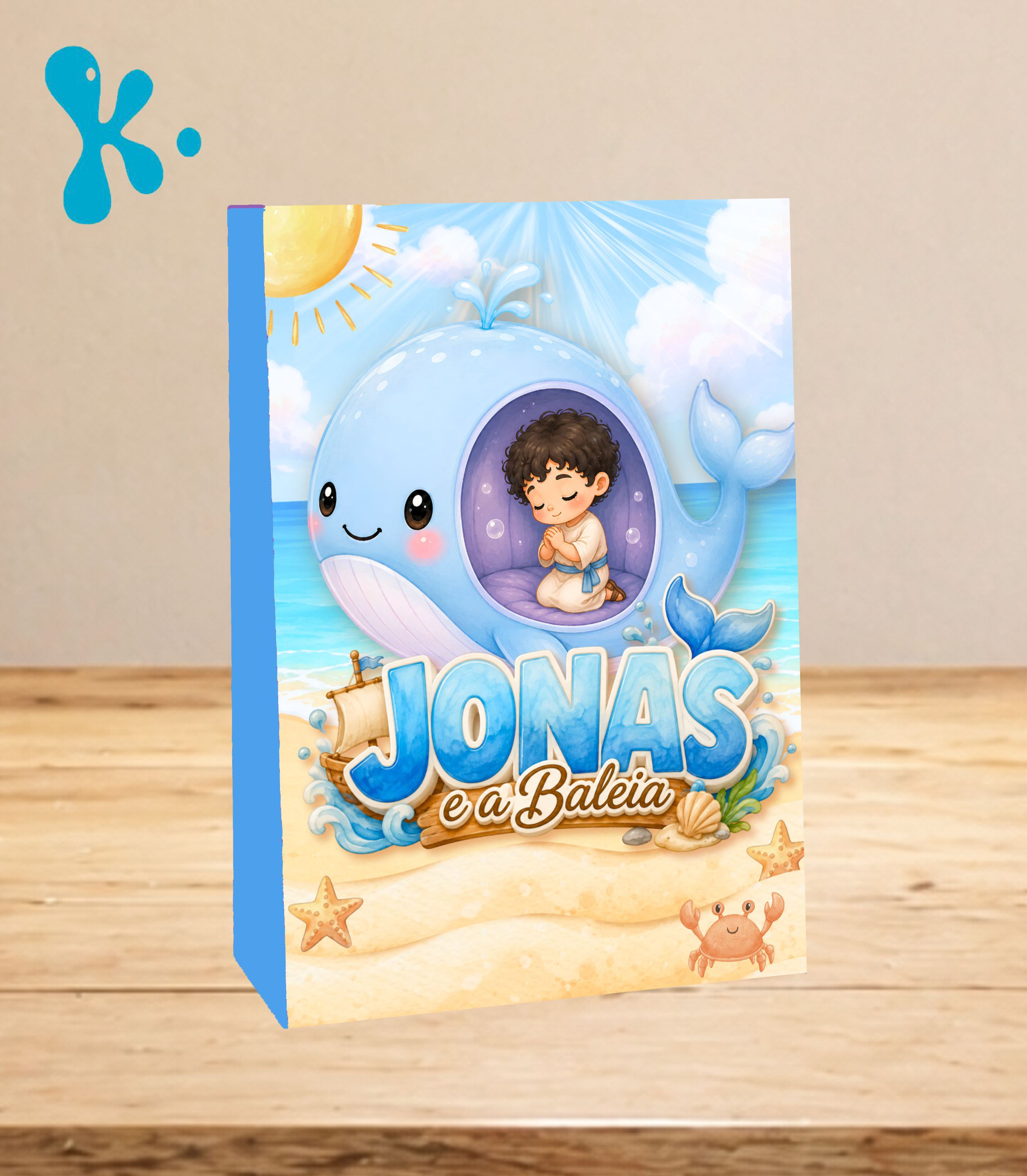 Saco lembrança personalizado Jonas e a Baleia com menino a rezar dentro de uma baleia azul, mar e praia.