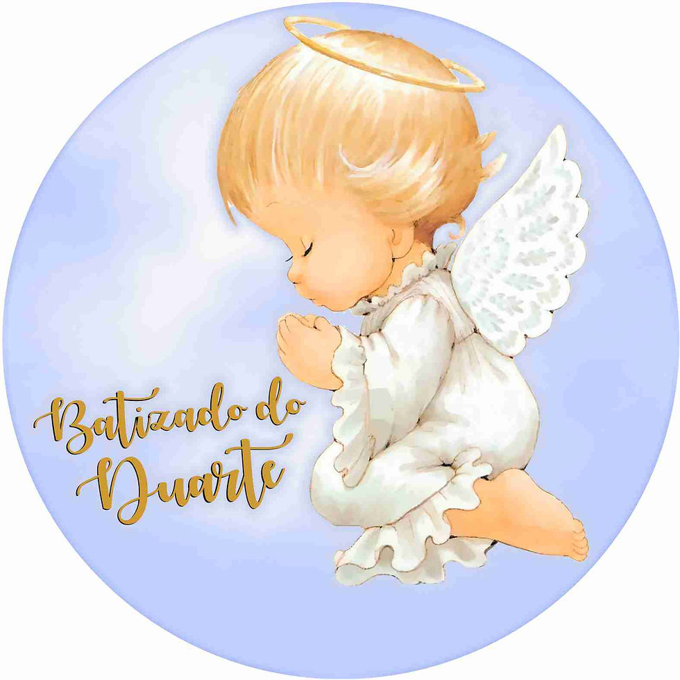 Painel redondo de batizado com anjinho a rezar, fundo azul claro e texto personalizado em dourado