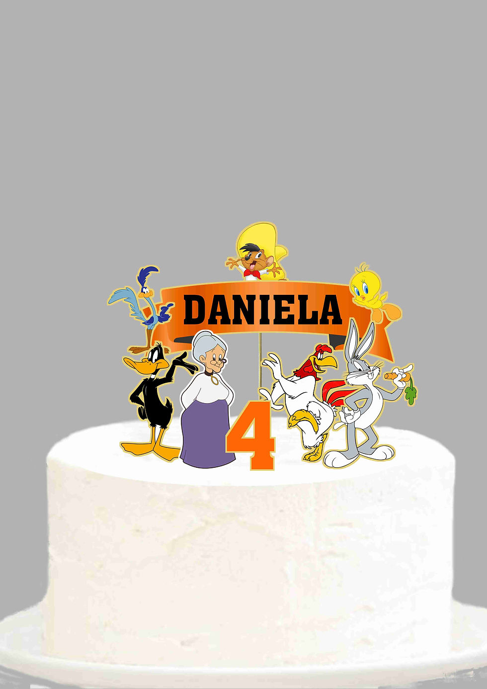 Topo de bolo Looney Tunes personalizado com nome e idade para festa infantil.