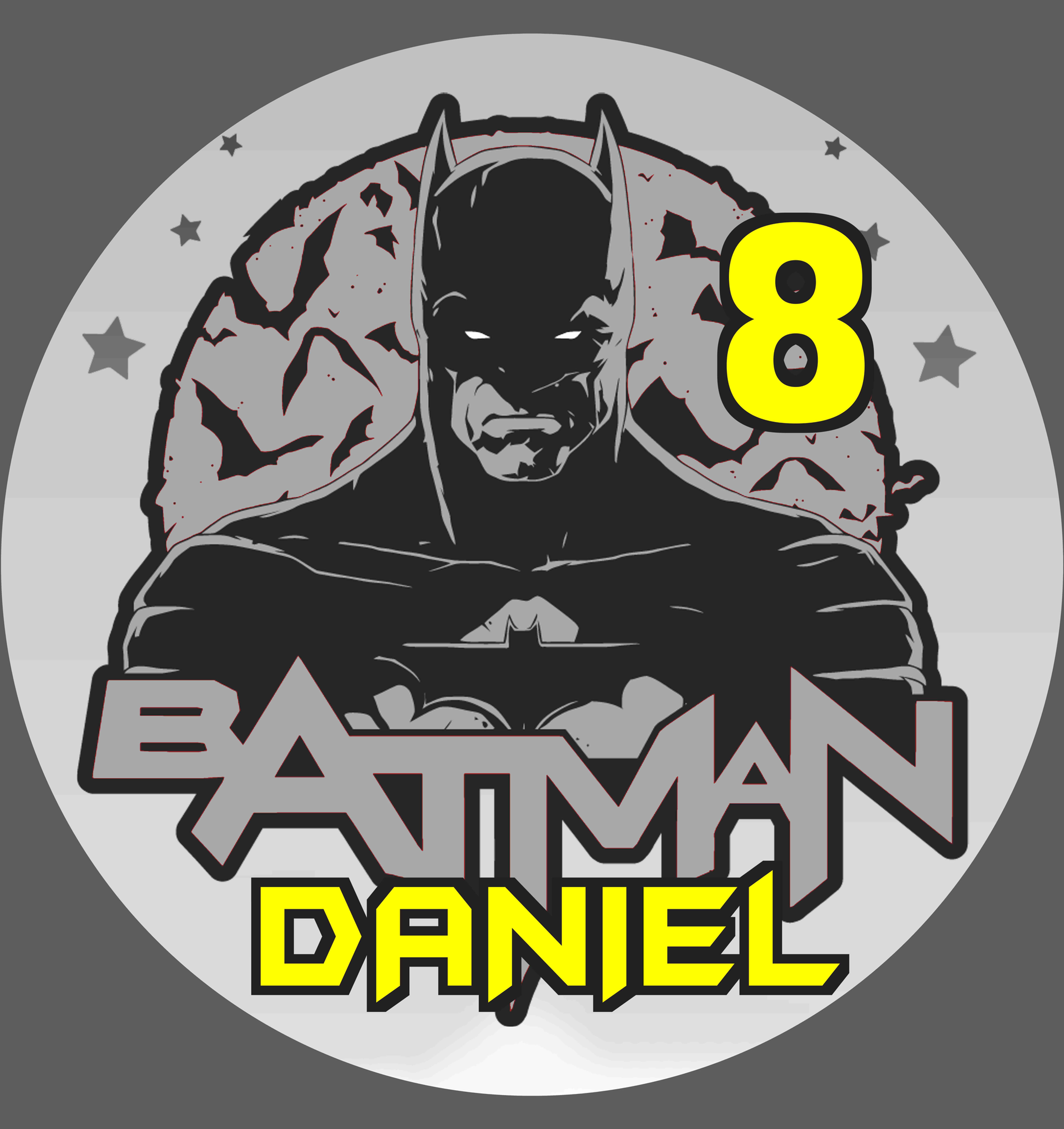 Painel redondo infantil Batman em tons preto e cinza com nome e idade personalizados