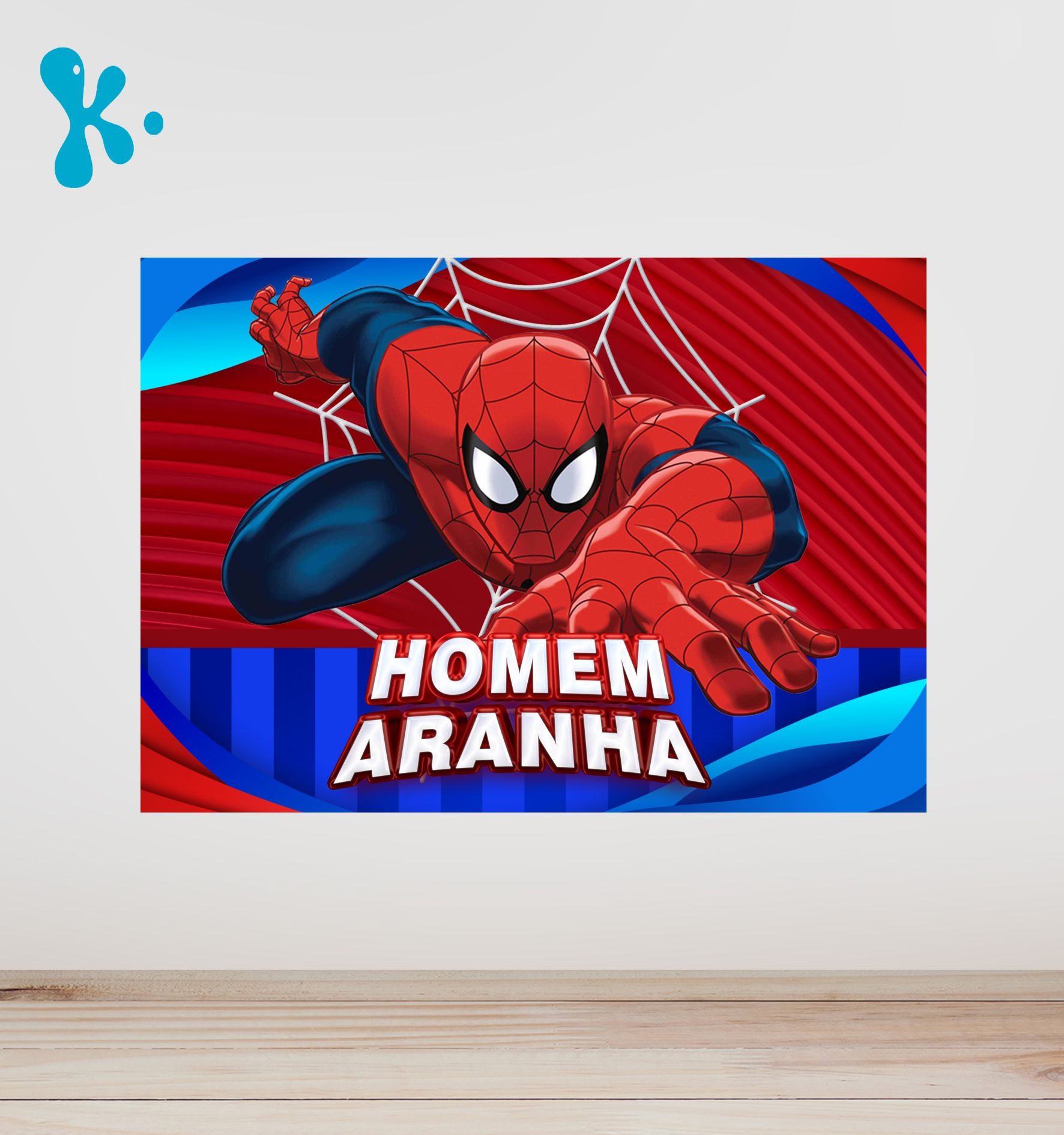 Cartaz infantil do Homem-Aranha em ação a lançar teias, com fundo vermelho e azul, ideal para decoração de festa temática.