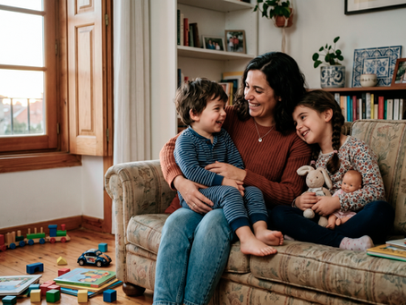 mãe com filhos em casa a aproveitar tempo com os filhos em ambiente familiar acolhedor