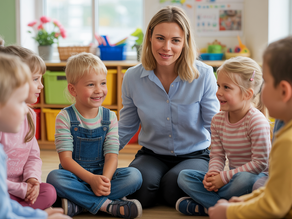 Crianças numa sala de aula na Dinamarca a aprender empatia em grupo com apoio da professora.