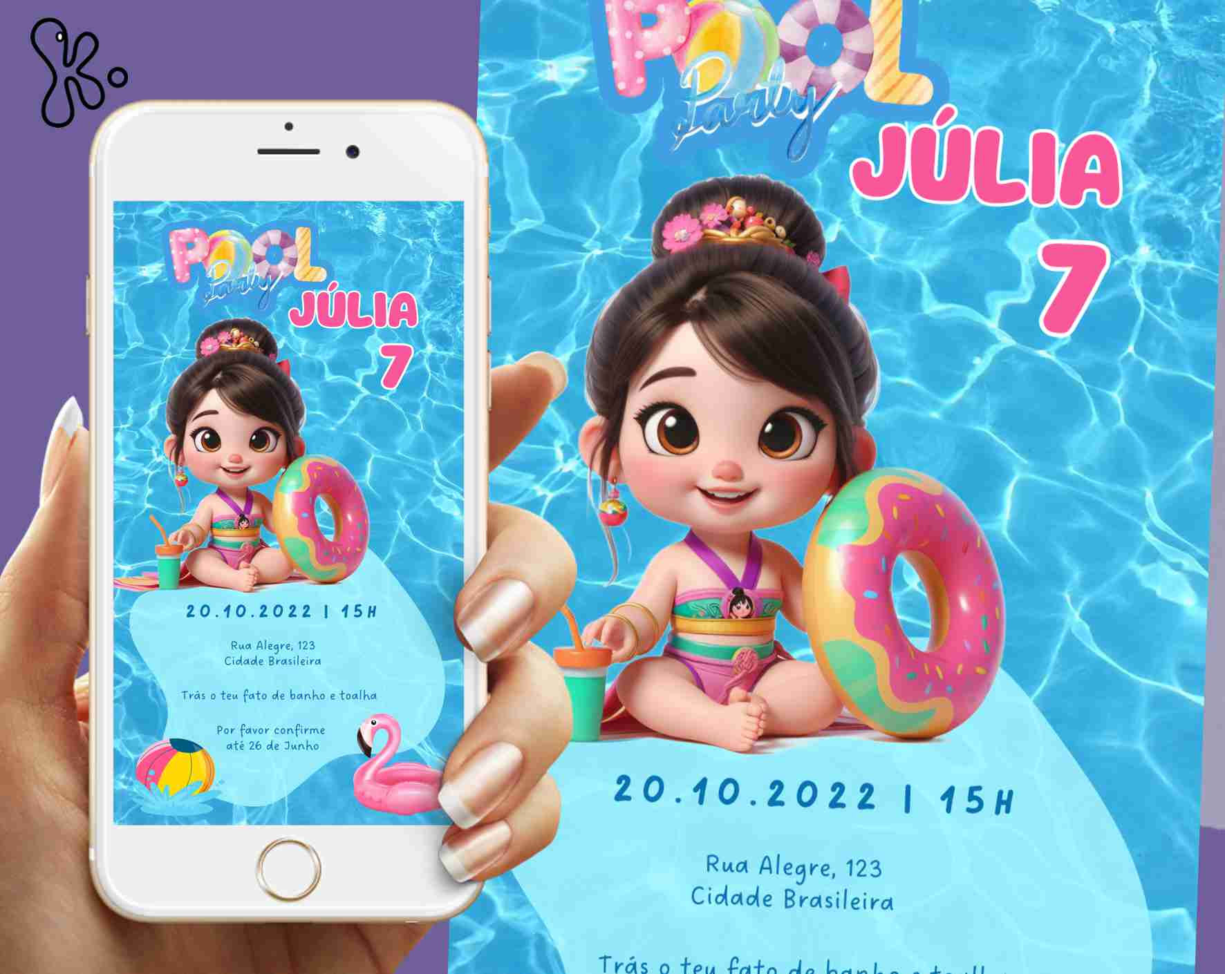 Convite Digital Mulan Festa na Piscina – Personaliza, Envia e Imprime