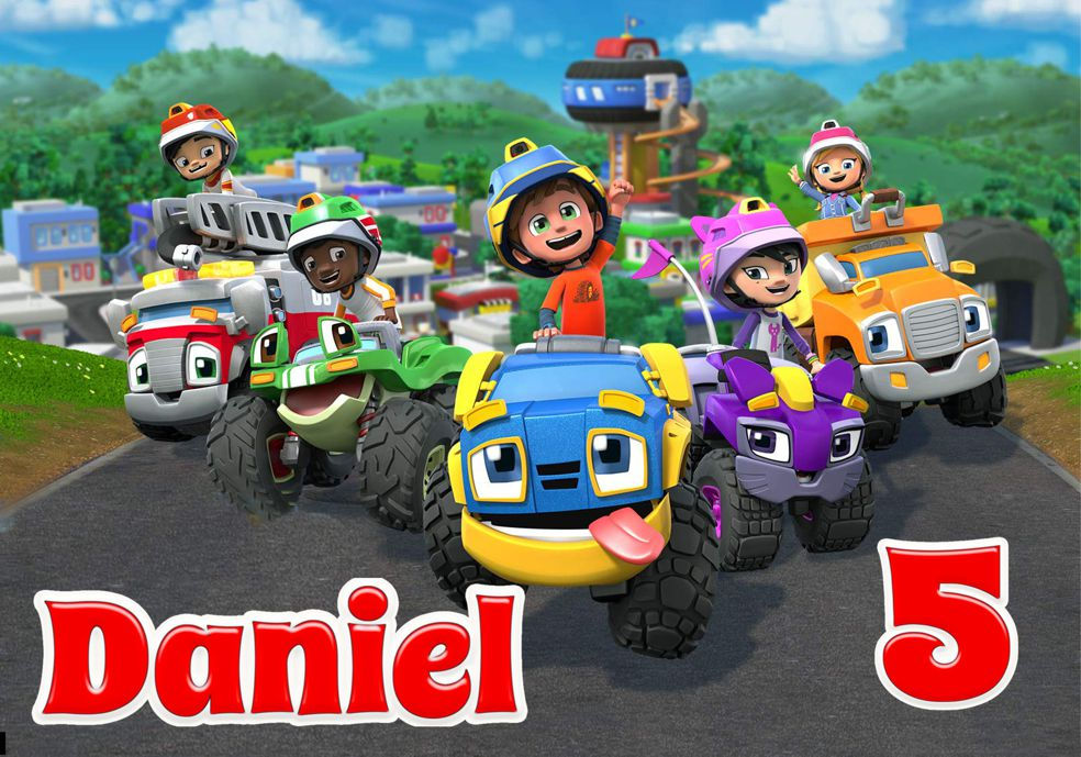 Cartaz infantil Rev & Roll personalizado com personagens e veículos todo-o-terreno