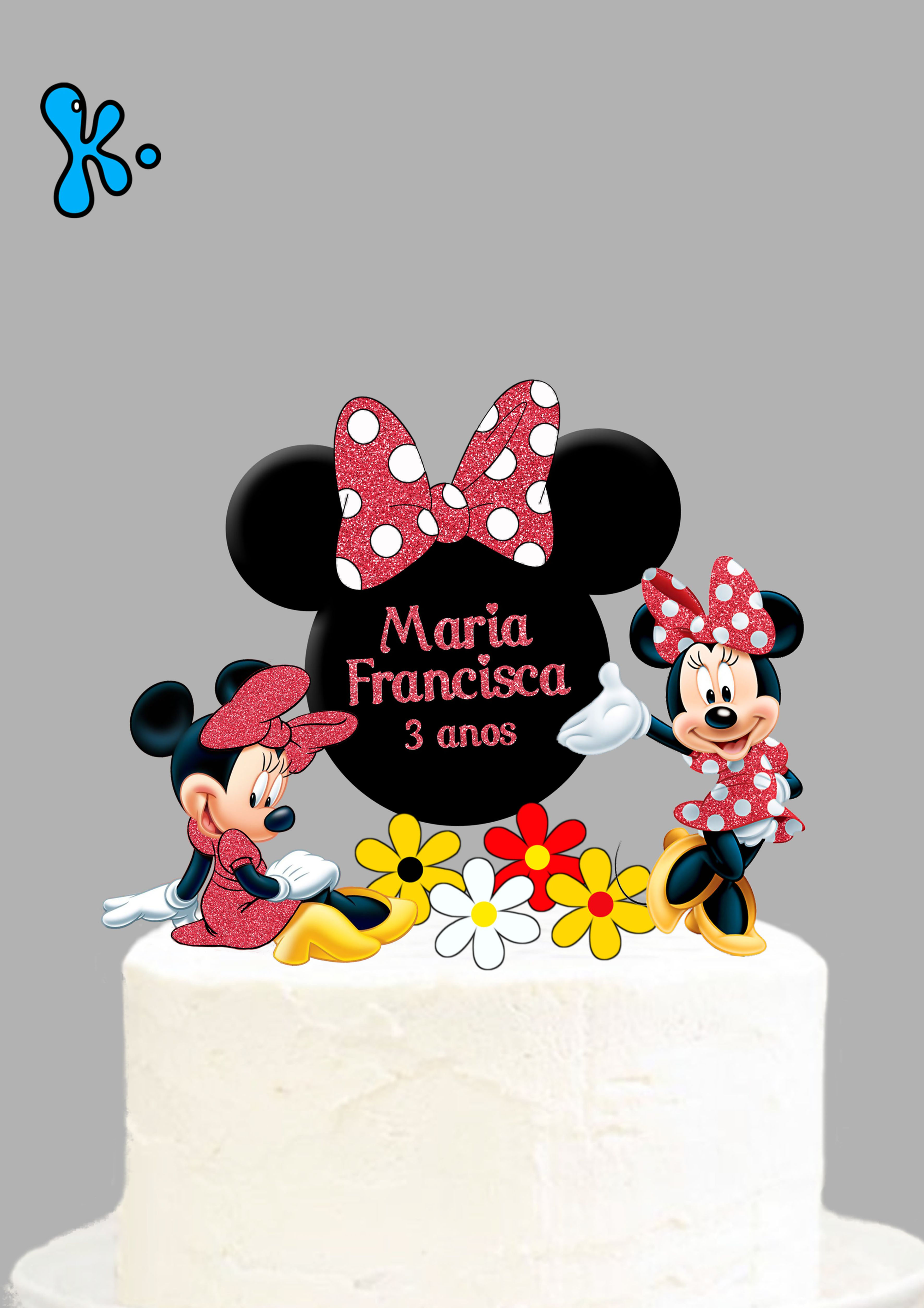 Topo de bolo Minnie Vermelha personalizado com nome e idade para festa infantil.