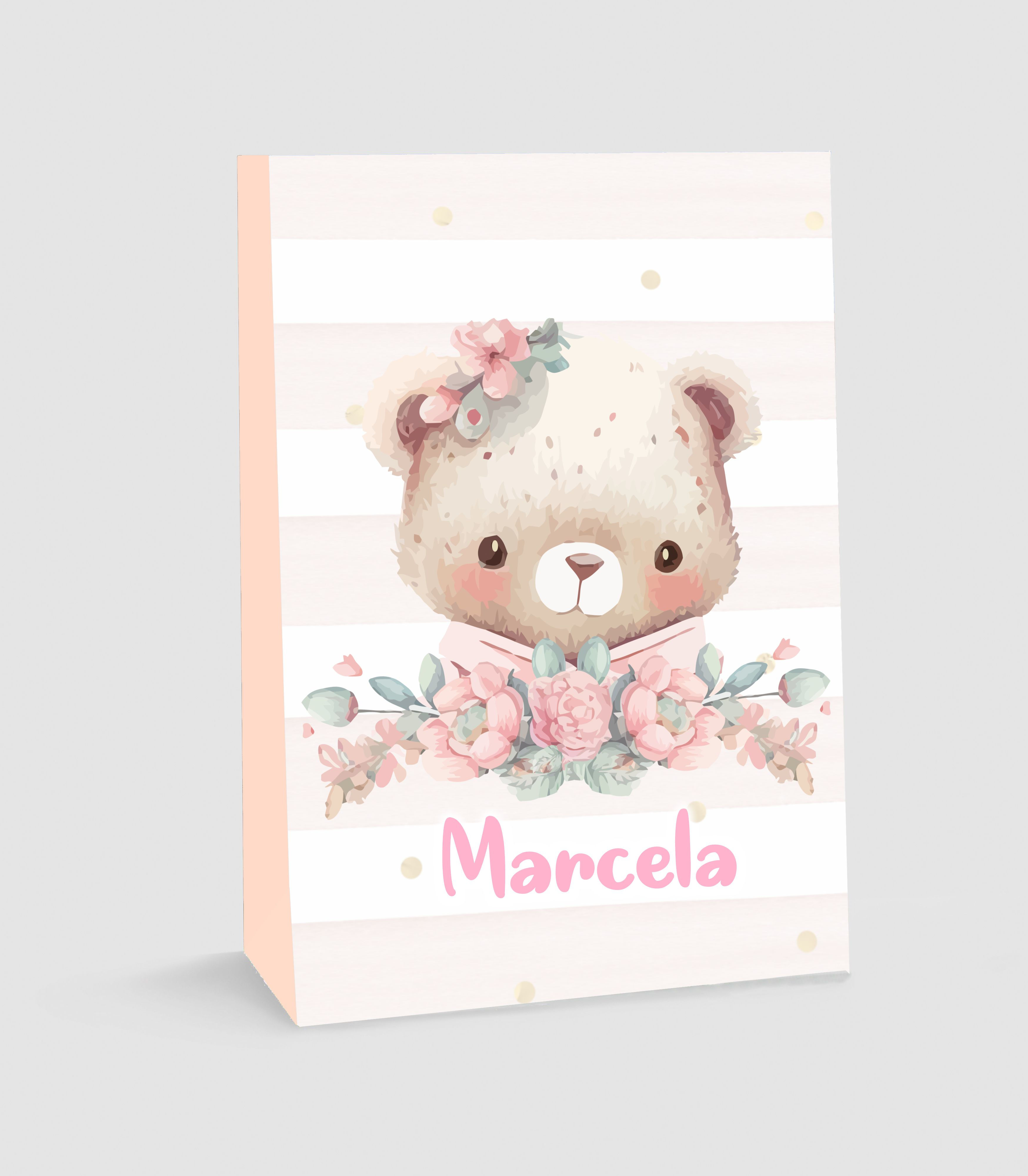 Saco lembrança ursinha com flores personalizado com nome da criança