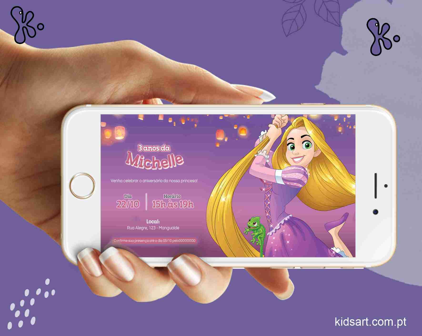 Convite Digital Rapunzel Personalizado – Com Lanternas e Pascal