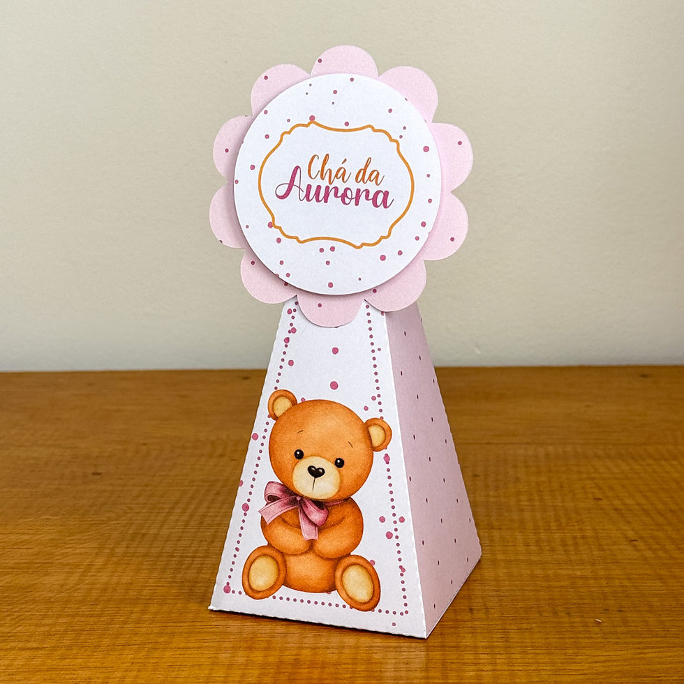 Miniatura: Caixa pirâmide personalizada Chá de Bebé menina rosa com ursinho