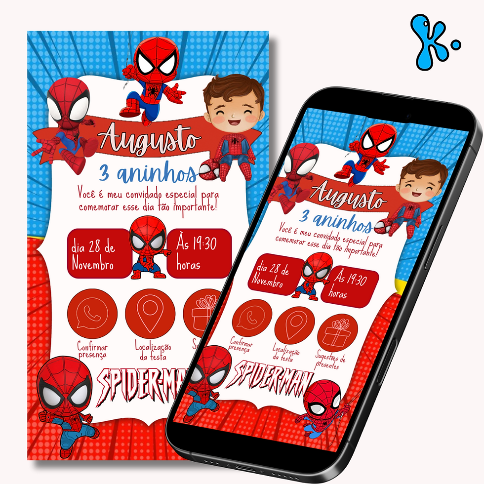 Convite digital Homem-Aranha com design infantil, em PDF com links clicáveis e pronto para imprimir