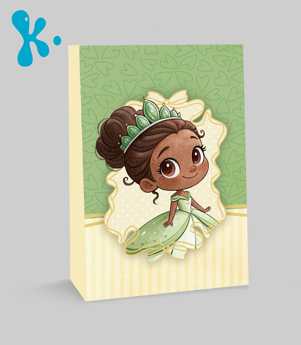 Saco lembrança Princesa Tiana personalizado com vestido verde e fundo suave com corações