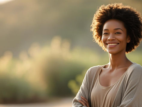 Mulher sorridente e confiante ao ar livre, com postura descontraída e segura, rodeada por natureza ou cenário urbano calmo, representando equilíbrio, bem-estar e empoderamento feminino.