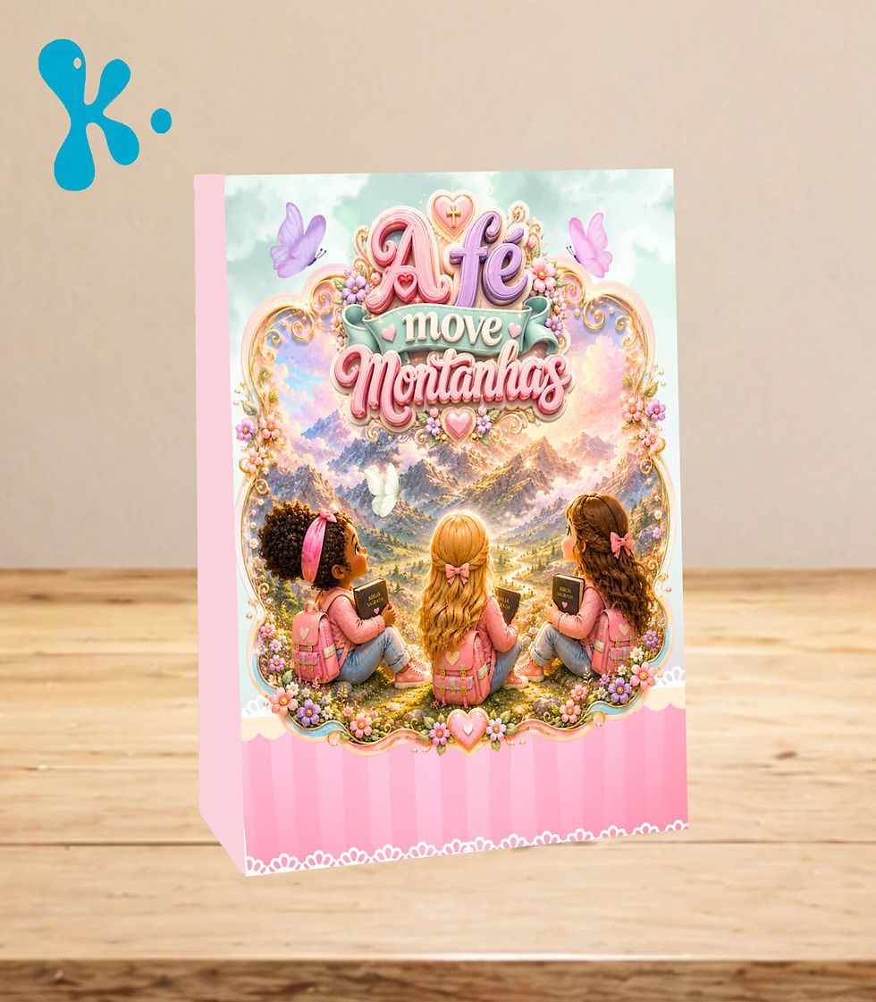 Saco lembrança personalizado A Fé Move Montanhas com meninas, Bíblias, flores e paisagem de montanhas.
