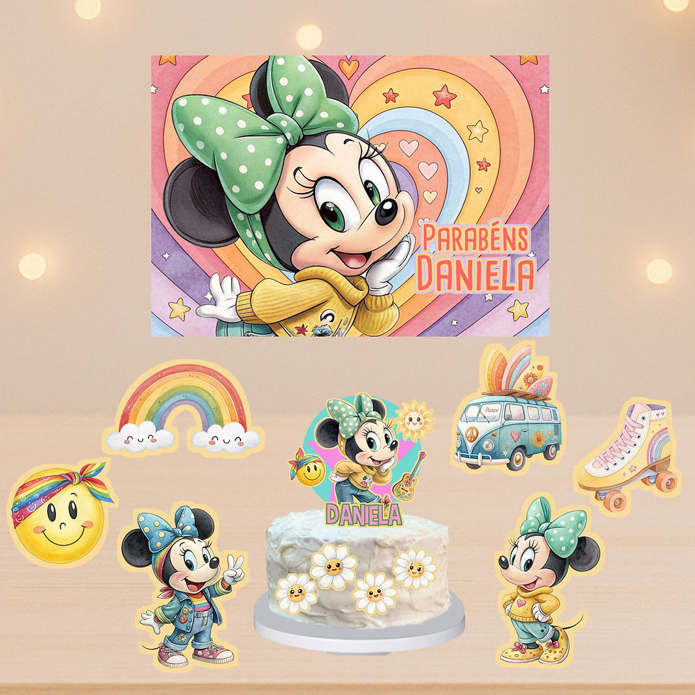 Kit de festa Minnie Good Vibes com cartaz, topo de bolo e decoração em estilo retro boho