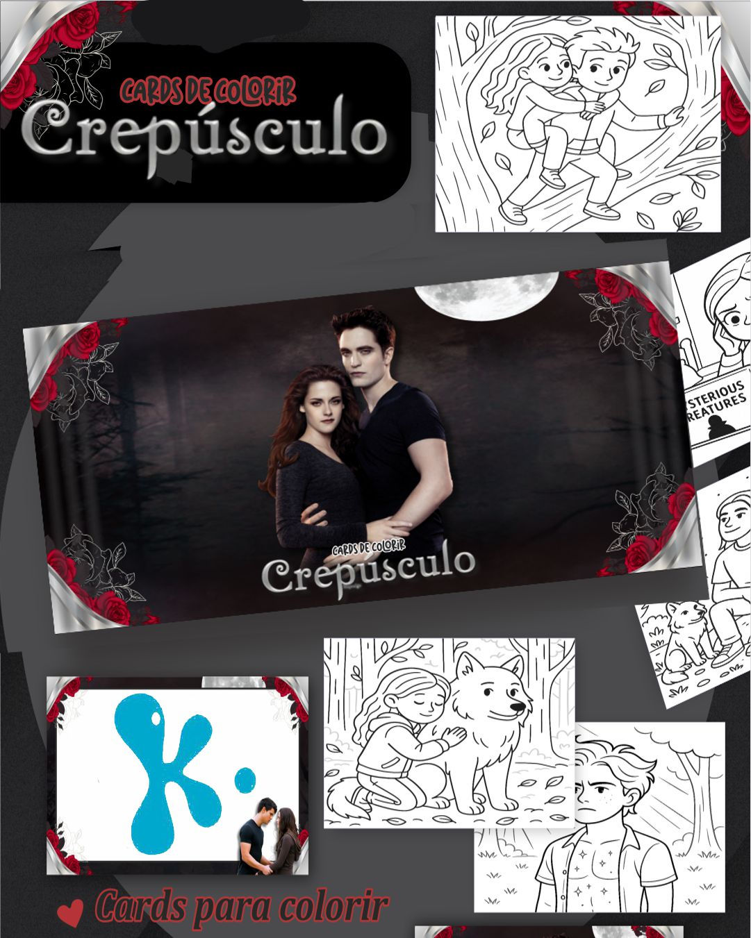 Cards para colorir Crepúsculo com ilustrações românticas e embalagem com rosas