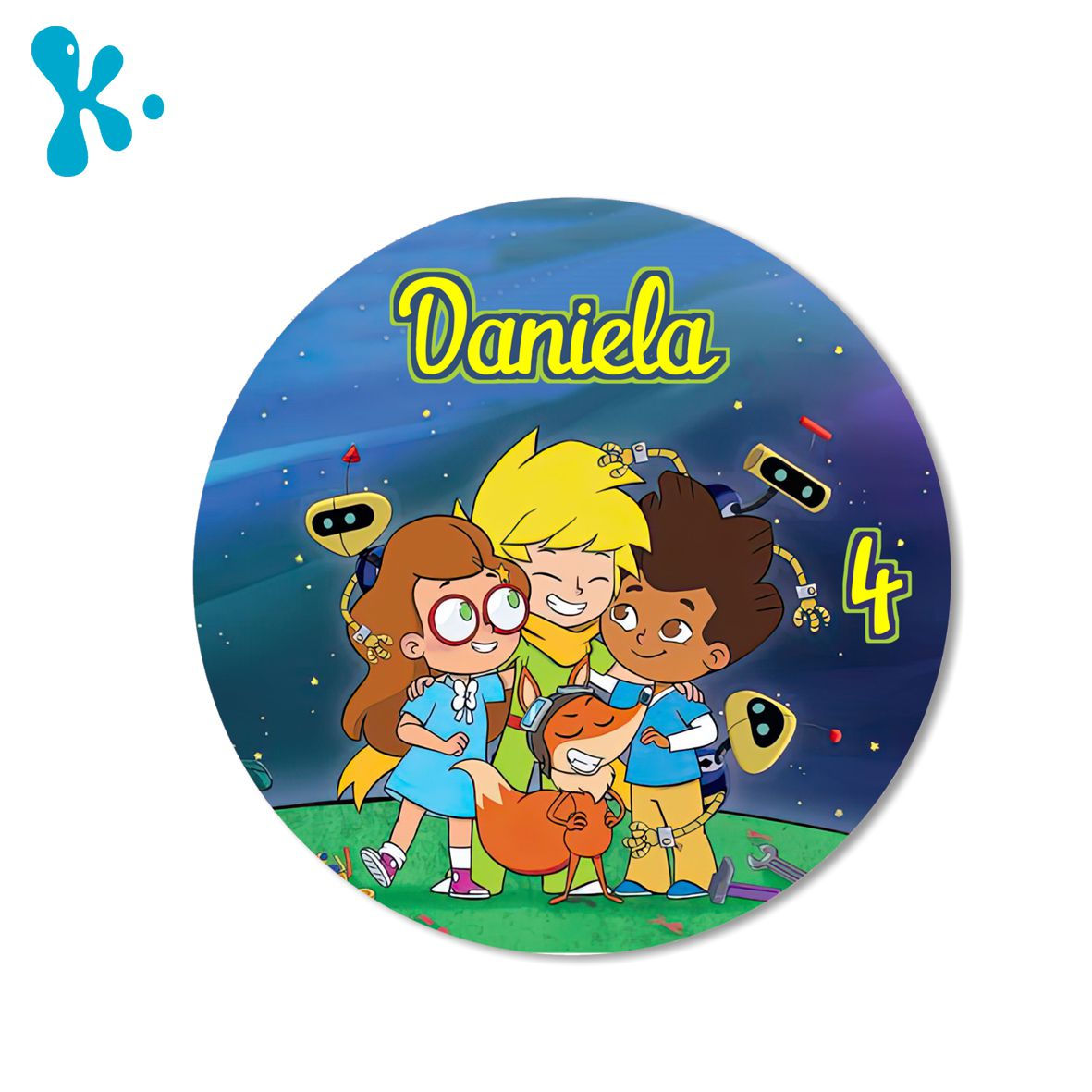 Autocolante redondo de O Principezinho e os Seus Amigos personalizado com nome e idade, estilo ilustrado e tema amizade