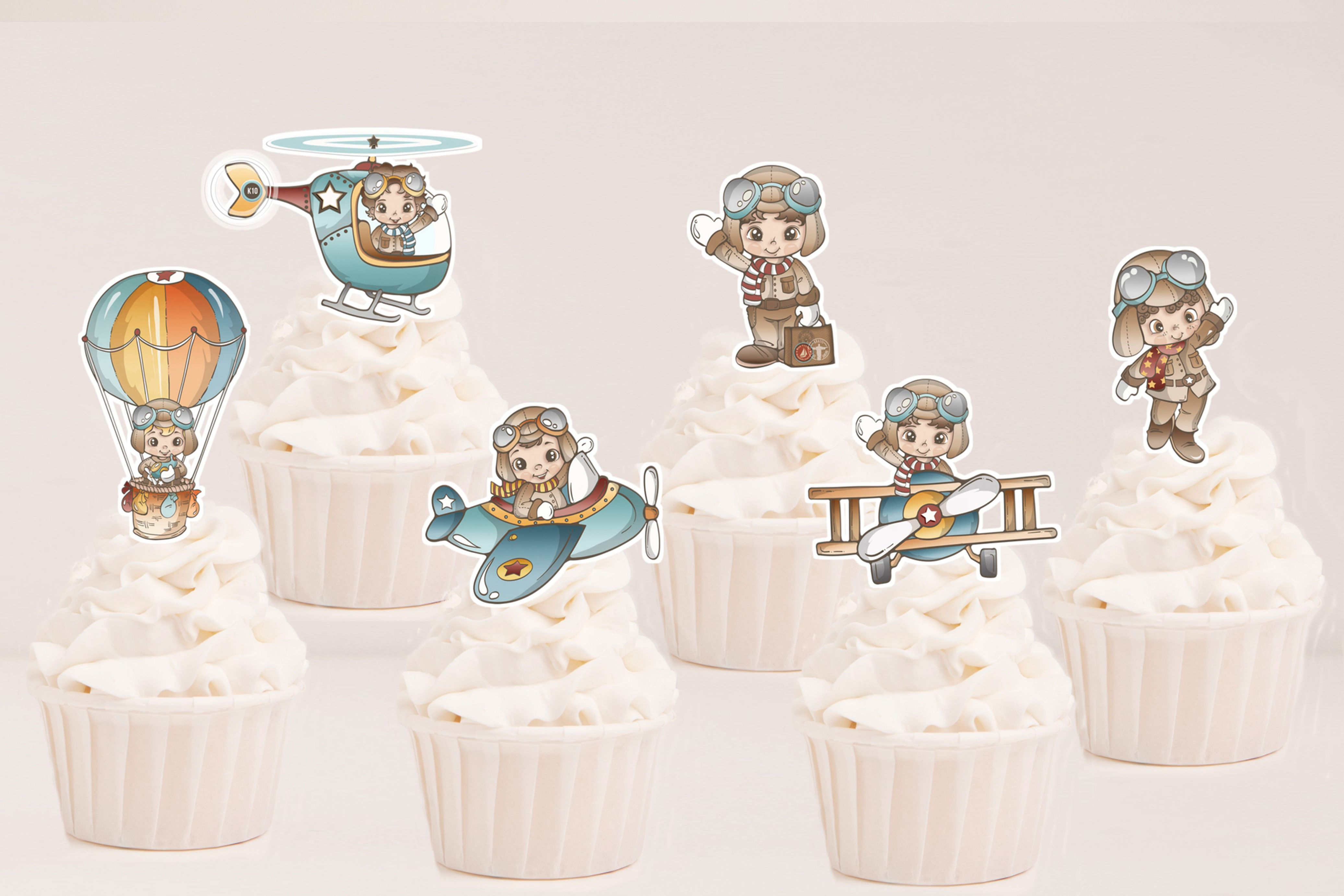 Toppers recortados personalizados tema Aviador com aviões, balão de ar quente e personagens infantis para festa infantil.