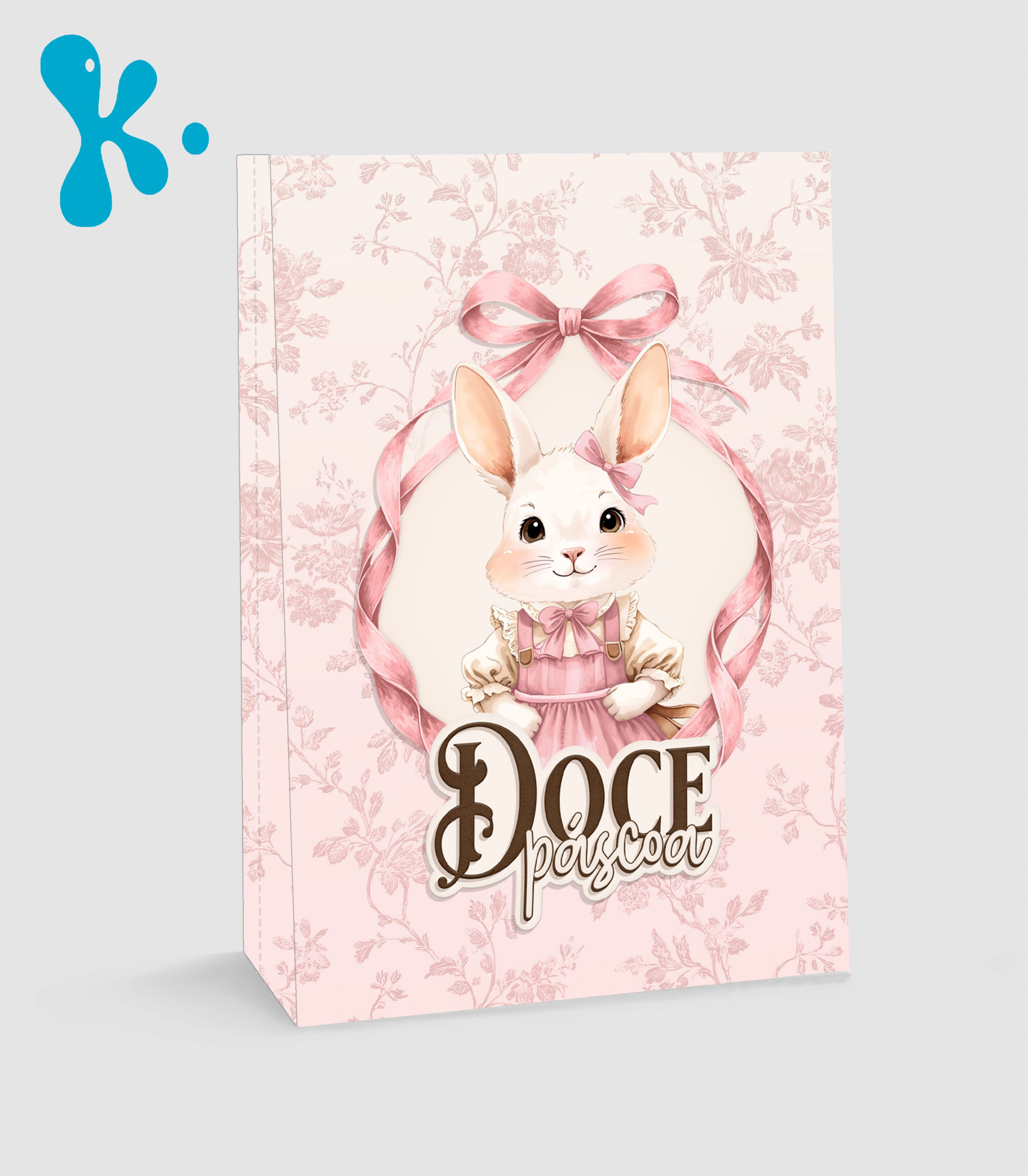 Saco lembrança de Páscoa com coelhinha rosa e laço decorativo com mensagem Doce Páscoa.