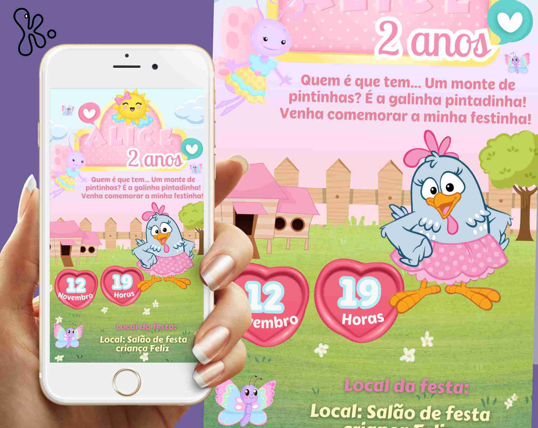 Convite Digital Galinha Pintadinha Rosa – Personalizado e Pronto a Enviar