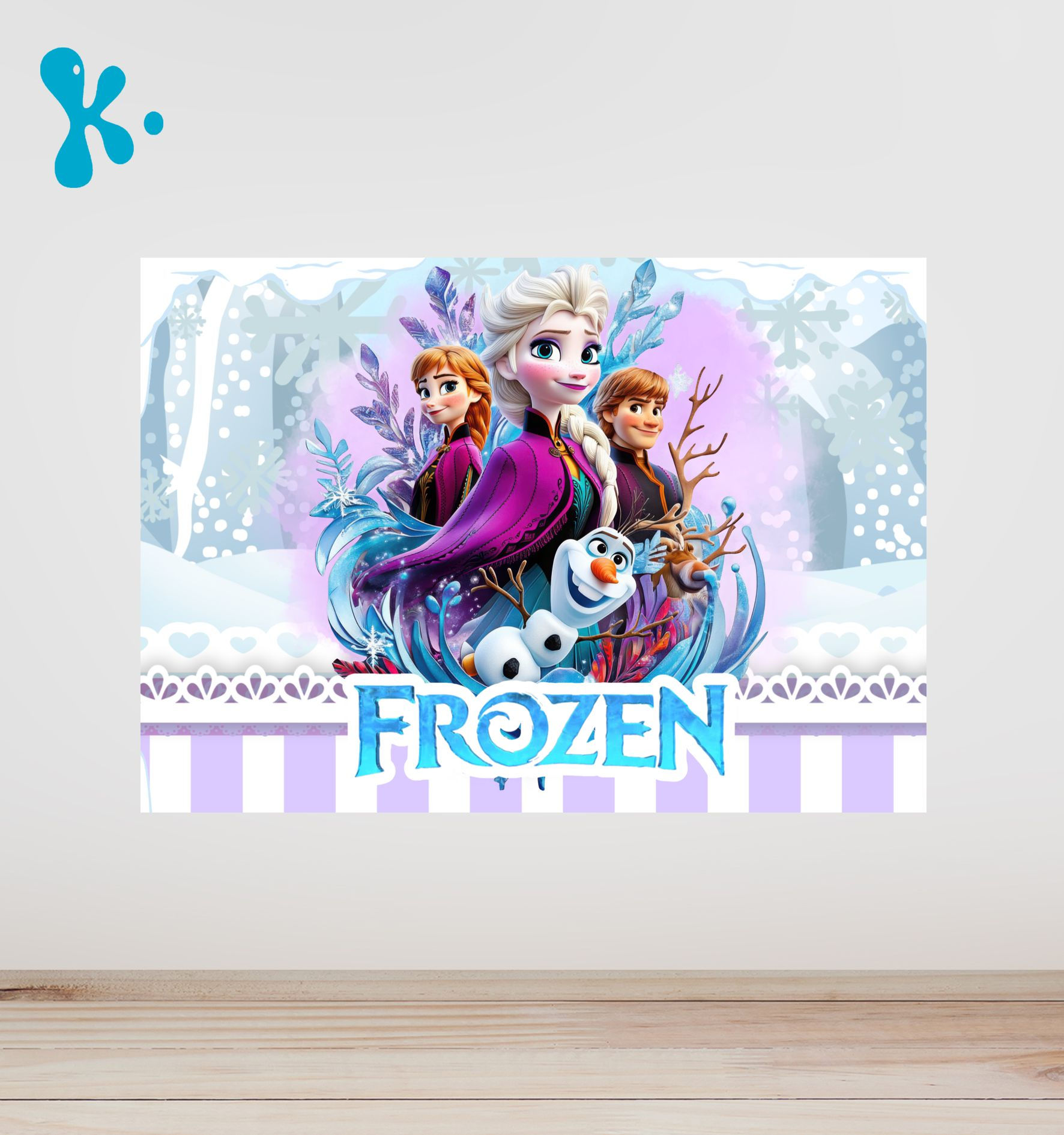 Cartaz infantil Frozen com Elsa, Anna, Olaf e Kristoff em cenário de inverno encantado