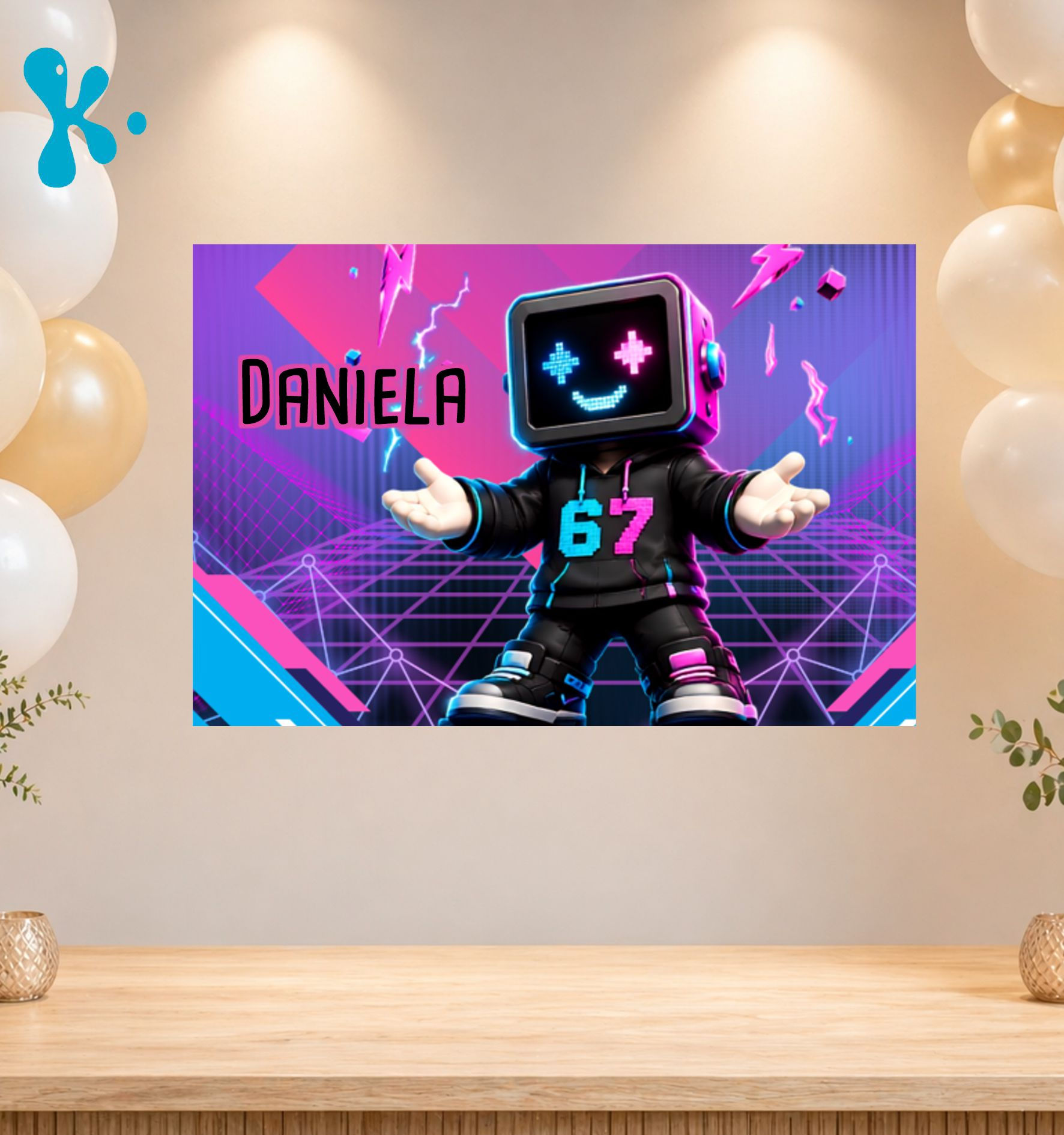 Cartaz Personalizado Six Seven com personagem futurista e luzes néon para festa infantil