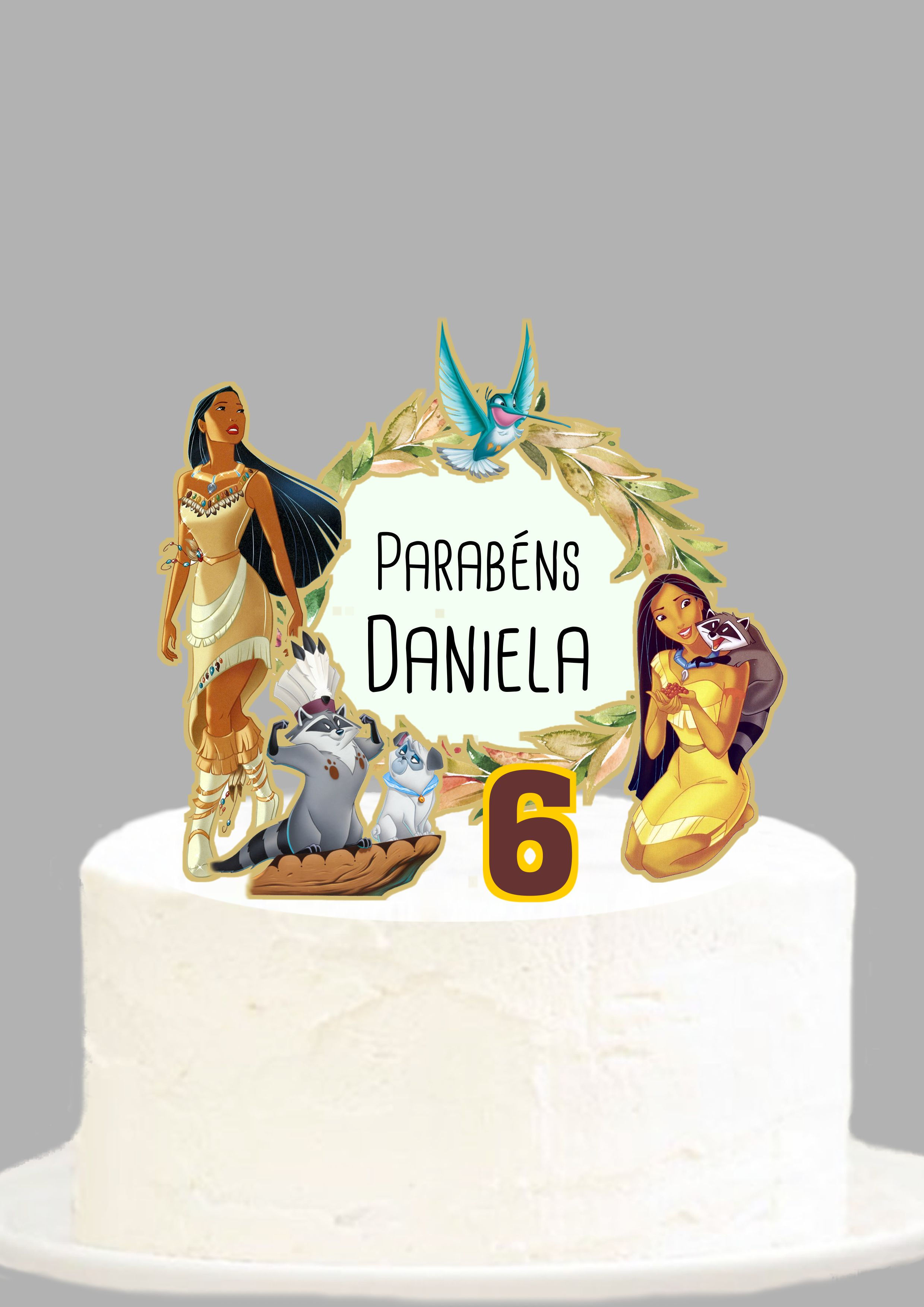 Topo de bolo personalizado Pocahontas com nome e idade, ideal para festa infantil.