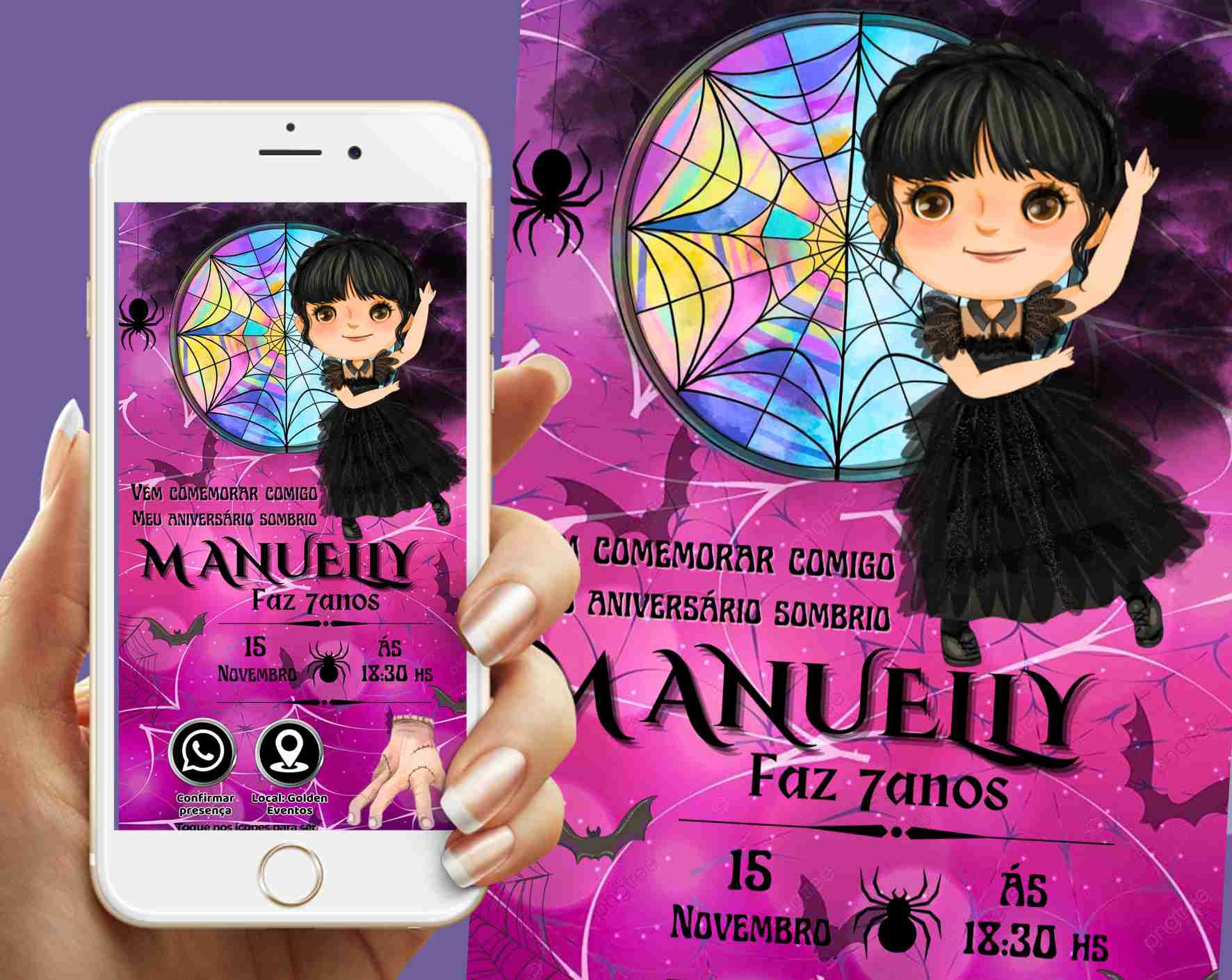 Convite interativo Wednesday Addams personalizado, em PDF, com design temático sombrio