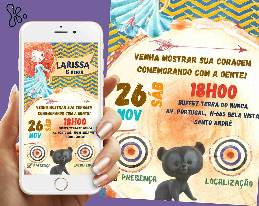 Convite digital Brave com a princesa Merida, data, hora e botões para confirmação e localização