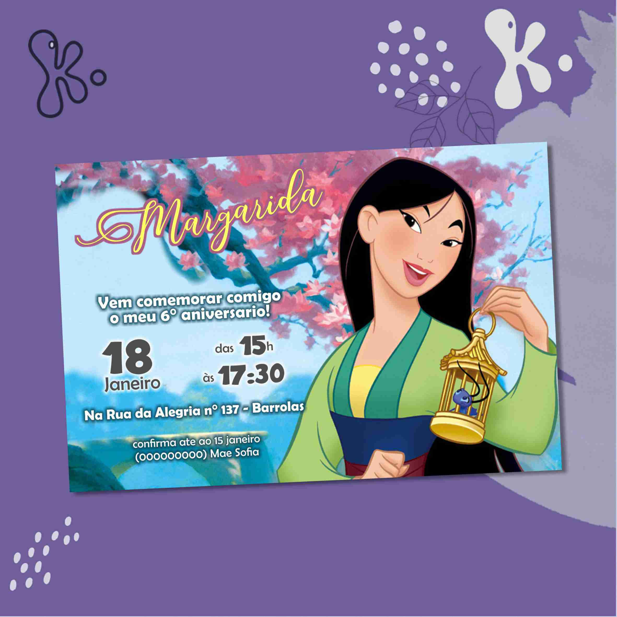 Convite Digital Mulan Personalizado – Princesa Oriental para Festa Infantil
