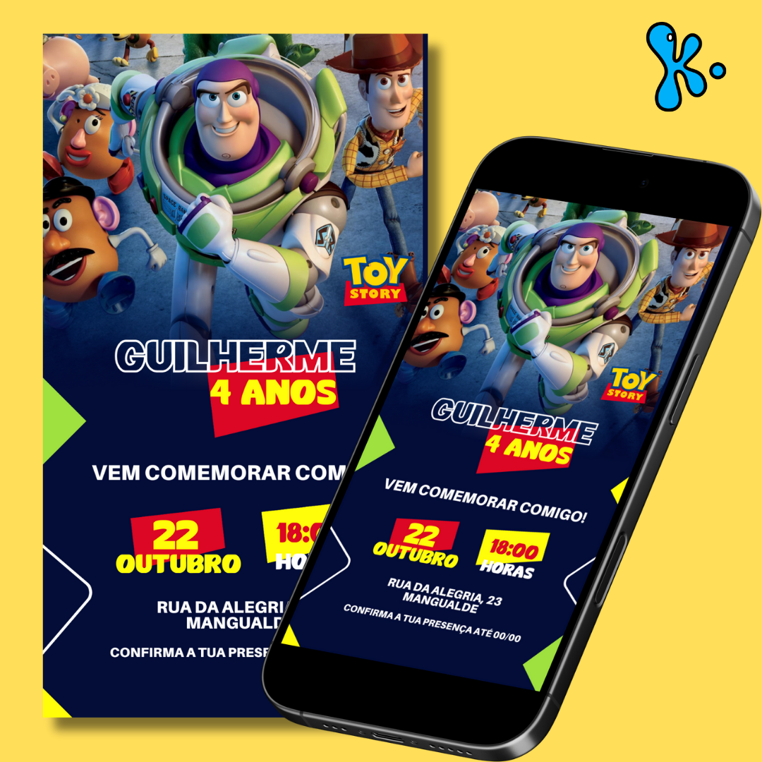 Convite Digital Toy Story com Buzz Lightyear e amigos, personalizado com nome Guilherme, 4 anos, data e hora da festa