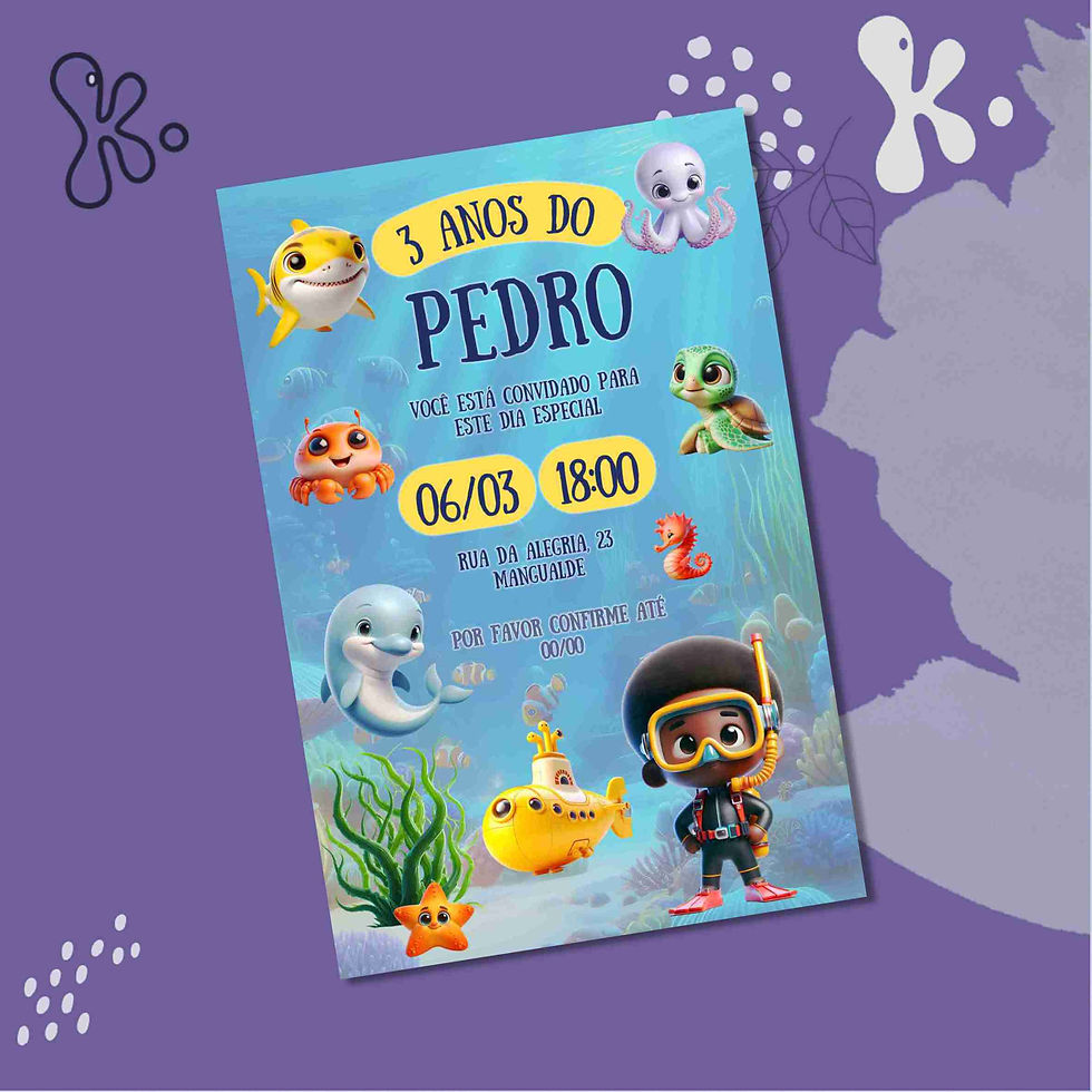 Convite Fundo do Mar Infantil com Personagens negro – Personalizável e Imprimível