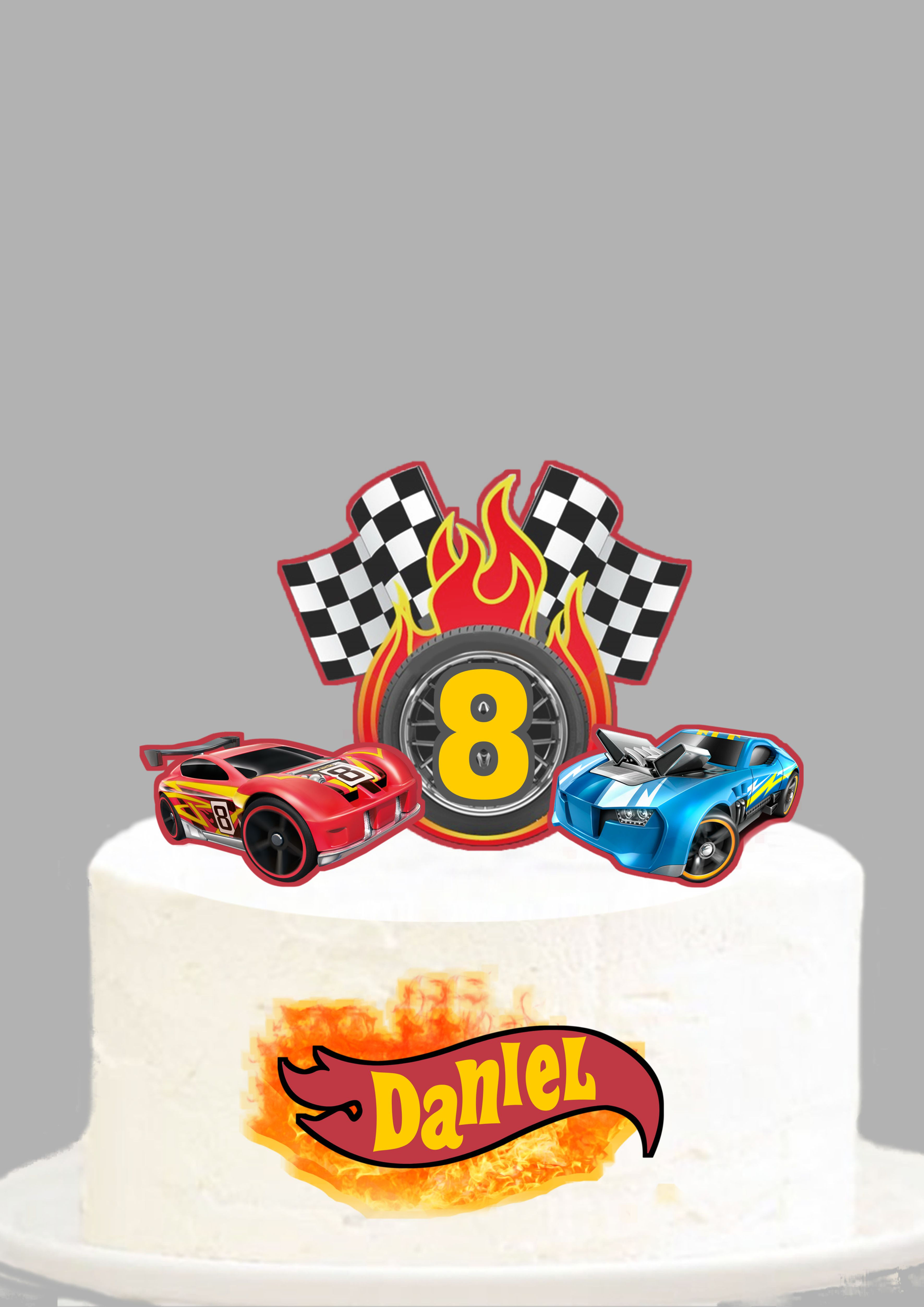 Topo de bolo personalizado Hot Wheels com nome e idade em papel fotográfico.