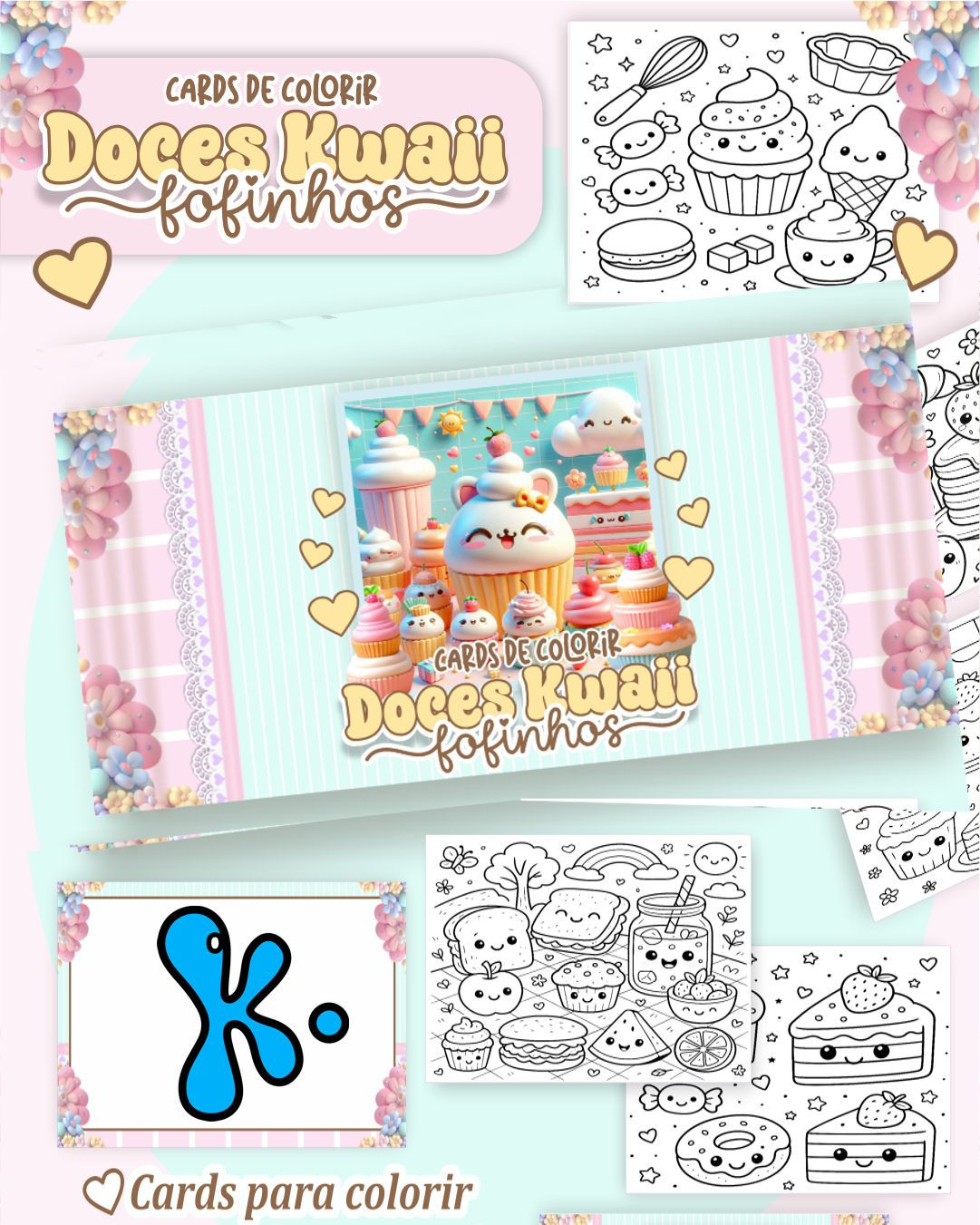 Cards para colorir com tema Doces Kawaii Fofinhos – cupcakes, bolos e guloseimas encantadoras