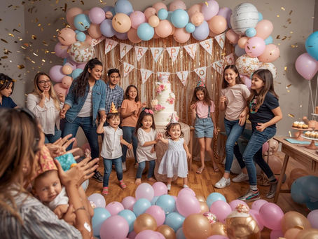 Crianças de várias idades a celebrar uma festa temática com decoração colorida e mesa de doces personalizada — KidsArt Portugal.