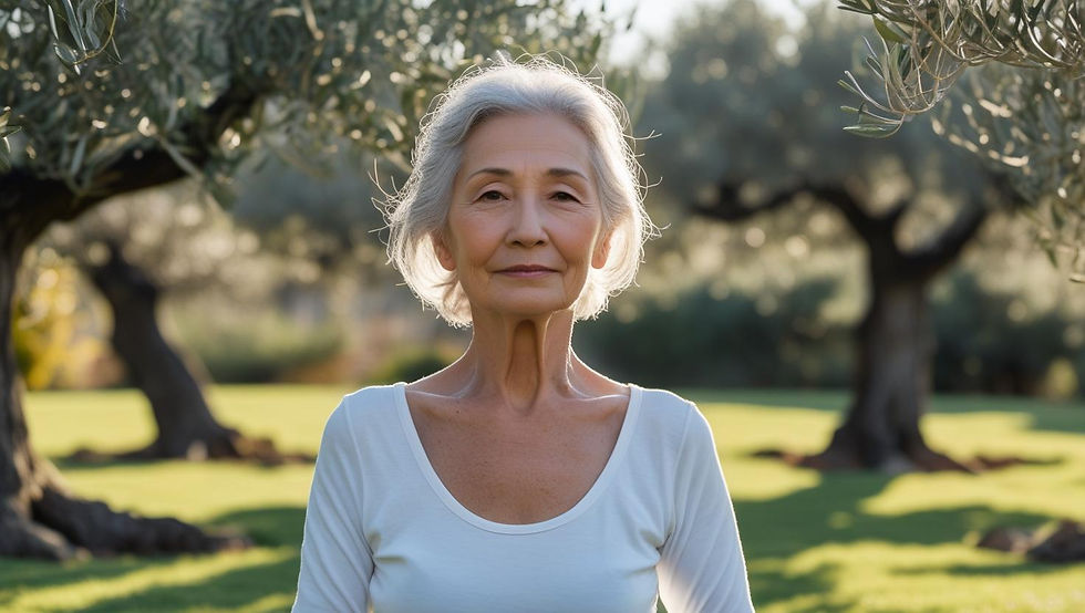 Idosa tranquilo praticando ioga suave ou tai chi em um jardim português com oliveiras