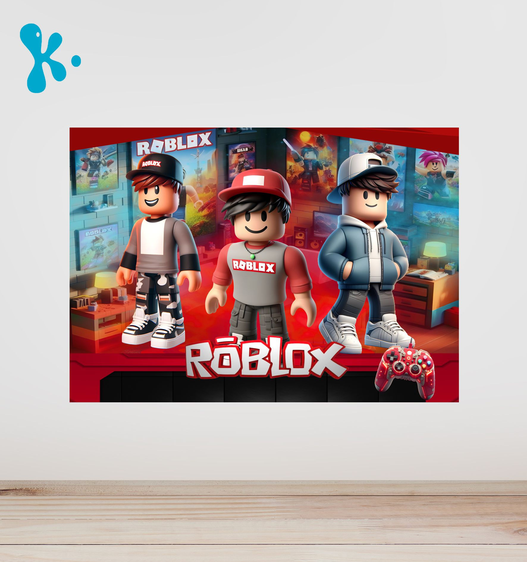 Cartaz infantil Roblox com personagens estilo avatar em cenário gamer colorido