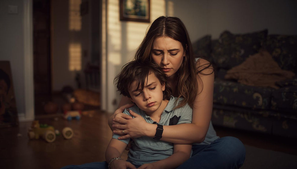 Mãe abraça o filho em casa depois de um momento difícil, transmitindo calma e reconciliação emocional.