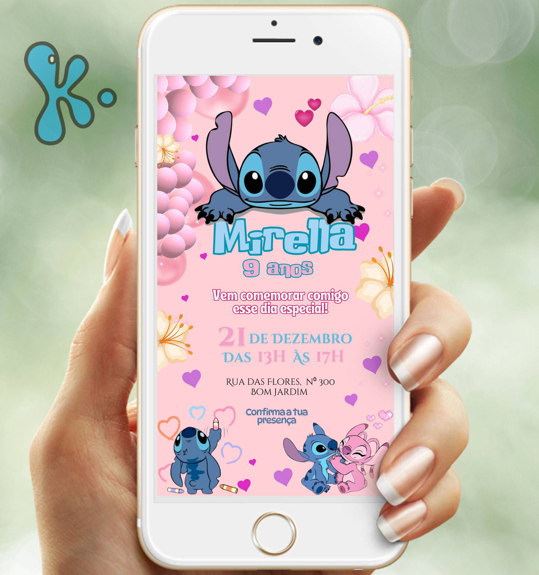 Convite Digital Stitch Rosa com Angel – Personalizado e Imprimivel