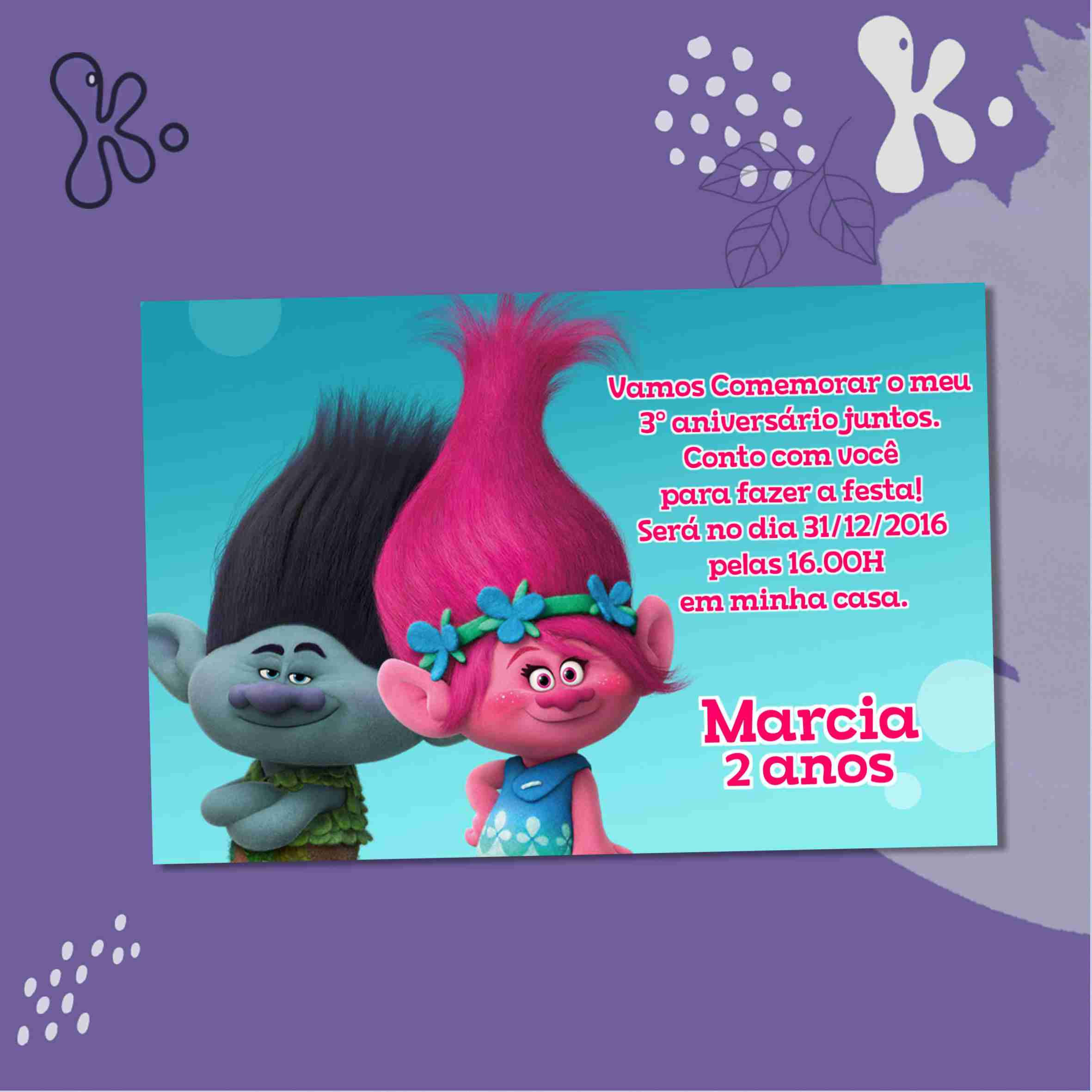 Convite Digital Trolls com personagens Poppy e Branch, fundo azul e texto personalizado, ideal para festa infantil