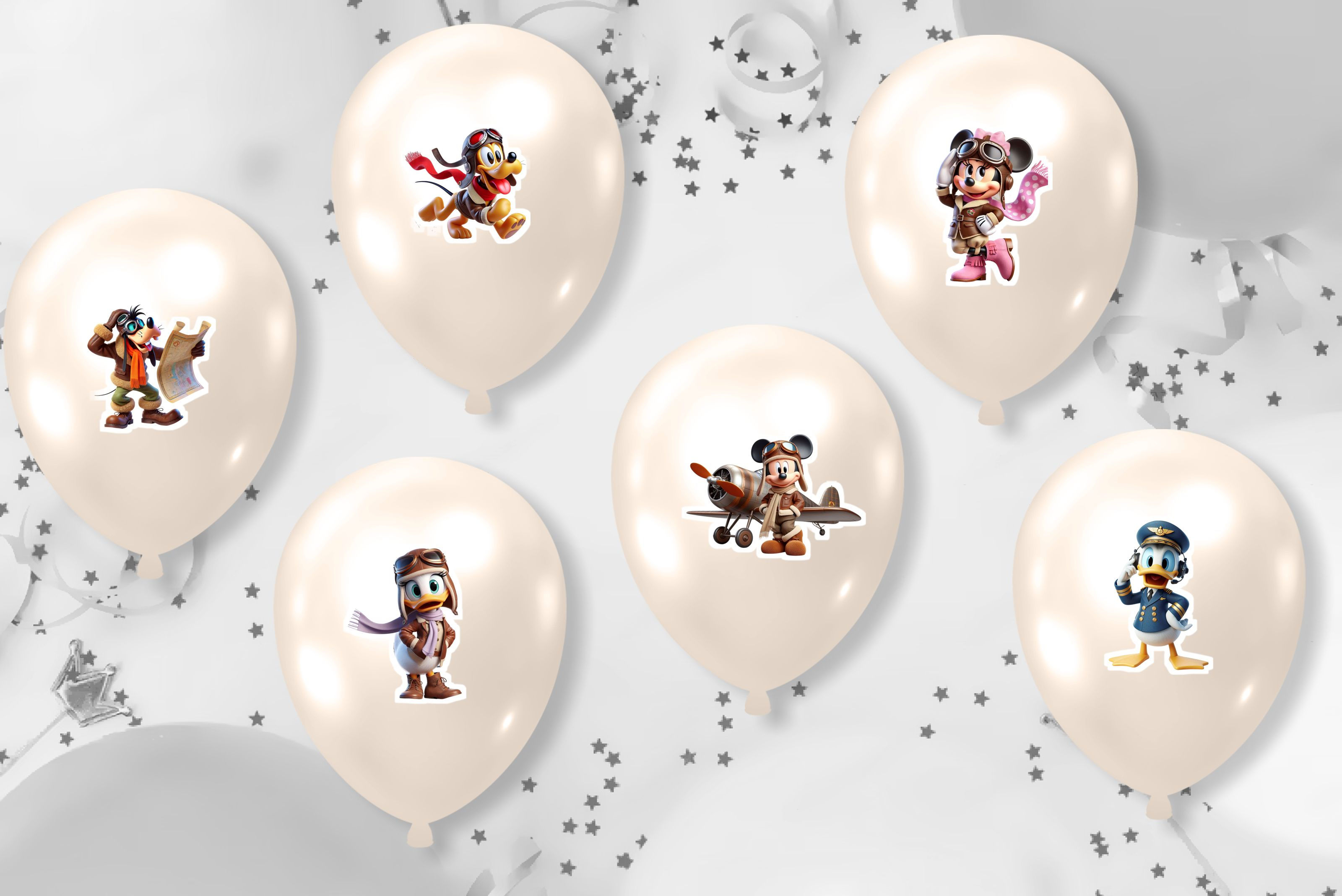 Autocolantes para balões Mickey Aviador com Minnie, Pateta, Pluto, Pato Donald, Margarida e avião para festa infantil.